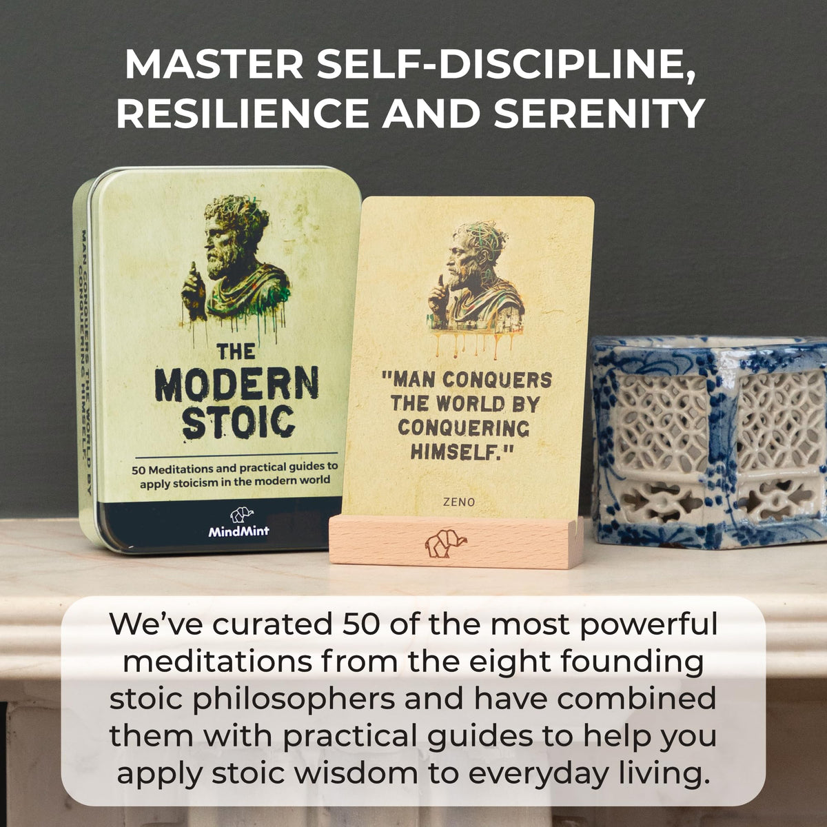 MindMint Daily Stoicism Affirmation Cards – 50 Quotes, Tin Box & Wood Stand (Desk Decor & Motivation)