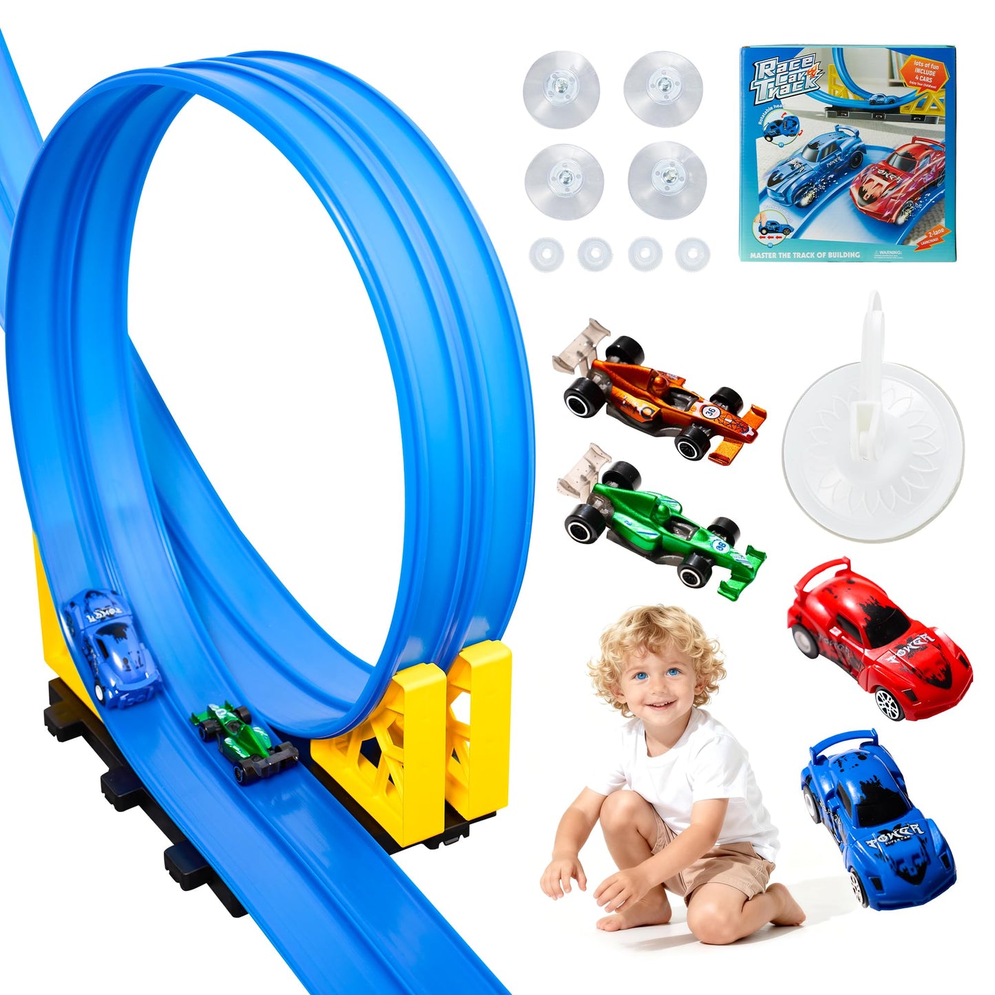 MINDNOOK 16 Ft Flexible Race Car Track Set – Portable Roll-Up Track with 4 Cars & Suction Cups