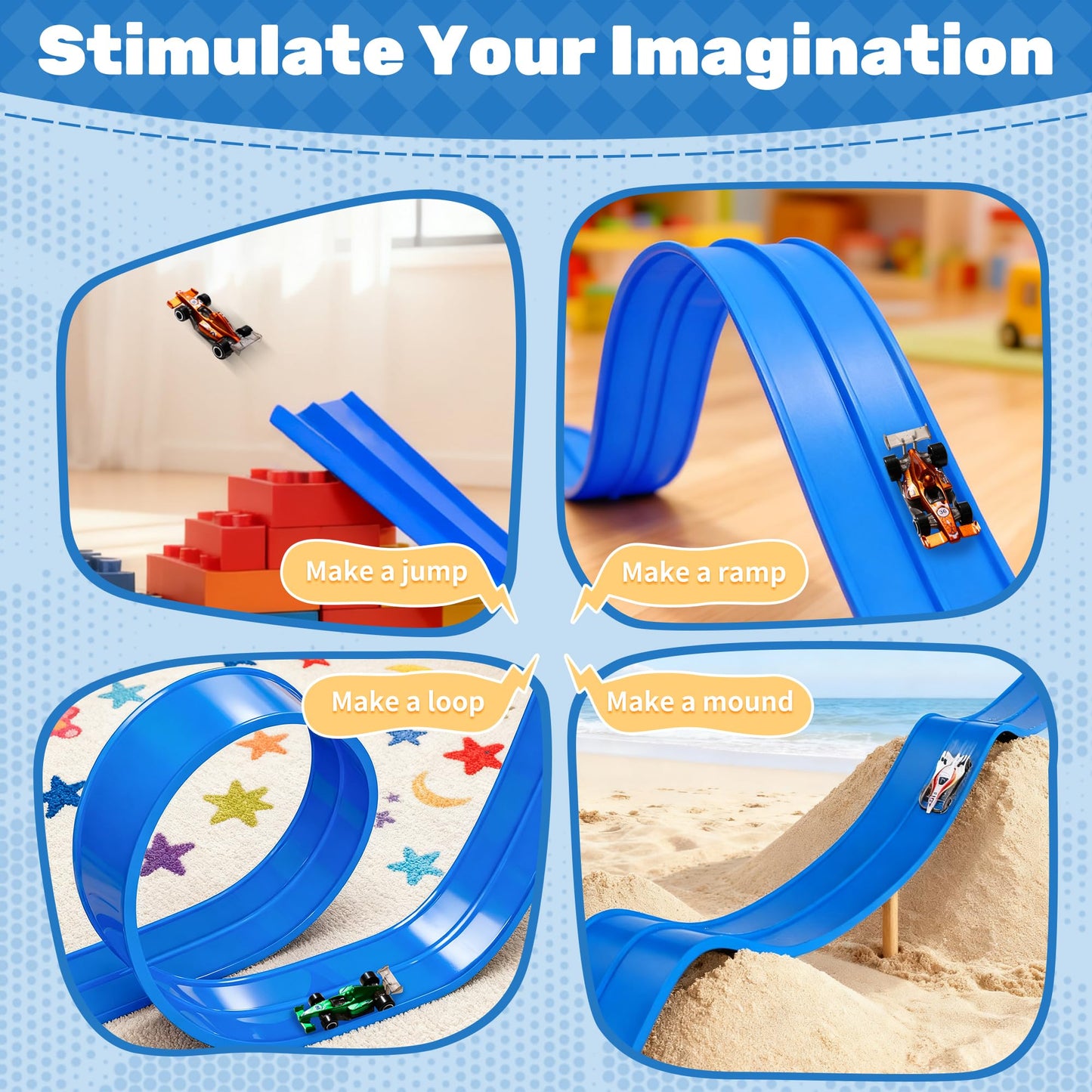 MINDNOOK 16 Ft Flexible Race Car Track Set – Portable Roll-Up Track with 4 Cars & Suction Cups