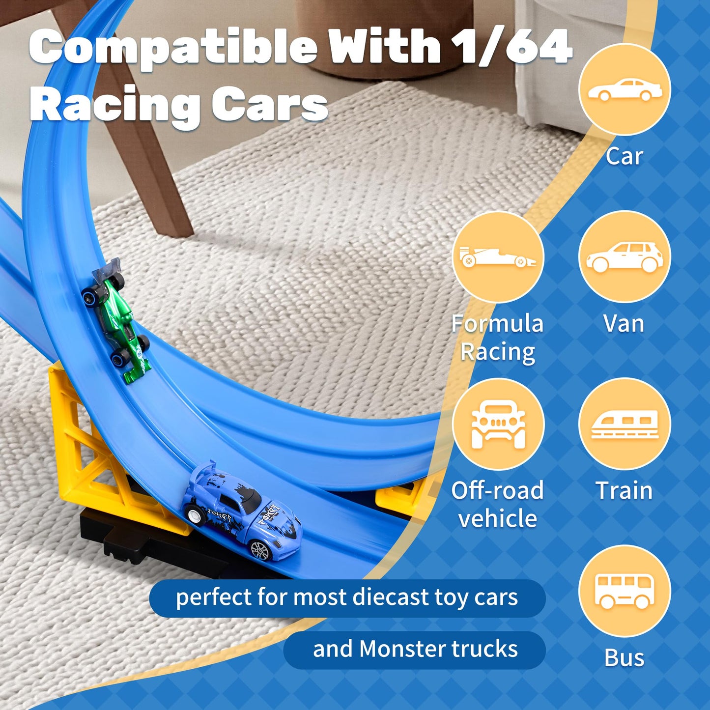 MINDNOOK 16 Ft Flexible Race Car Track Set – Portable Roll-Up Track with 4 Cars & Suction Cups
