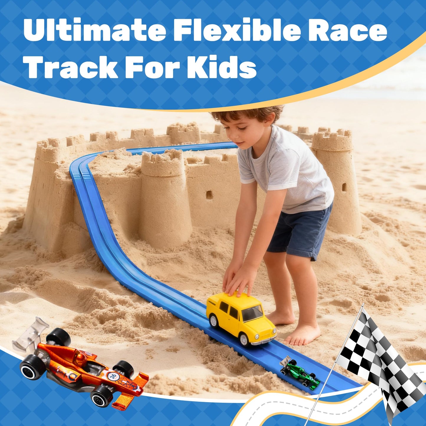 MINDNOOK 16 Ft Flexible Race Car Track Set – Portable Roll-Up Track with 4 Cars & Suction Cups