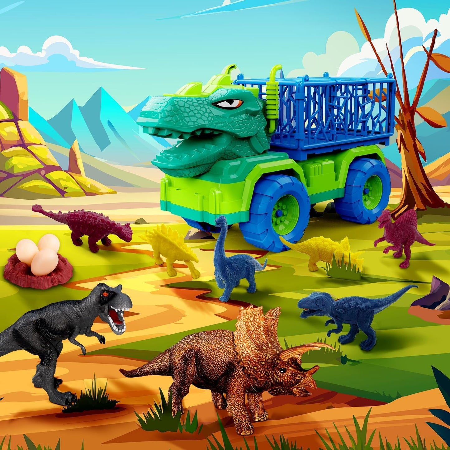 MindPal 19-in-1 Dinosaur Toys Set for Kids 3-7 | Dino Truck & Pull-Back Cars
