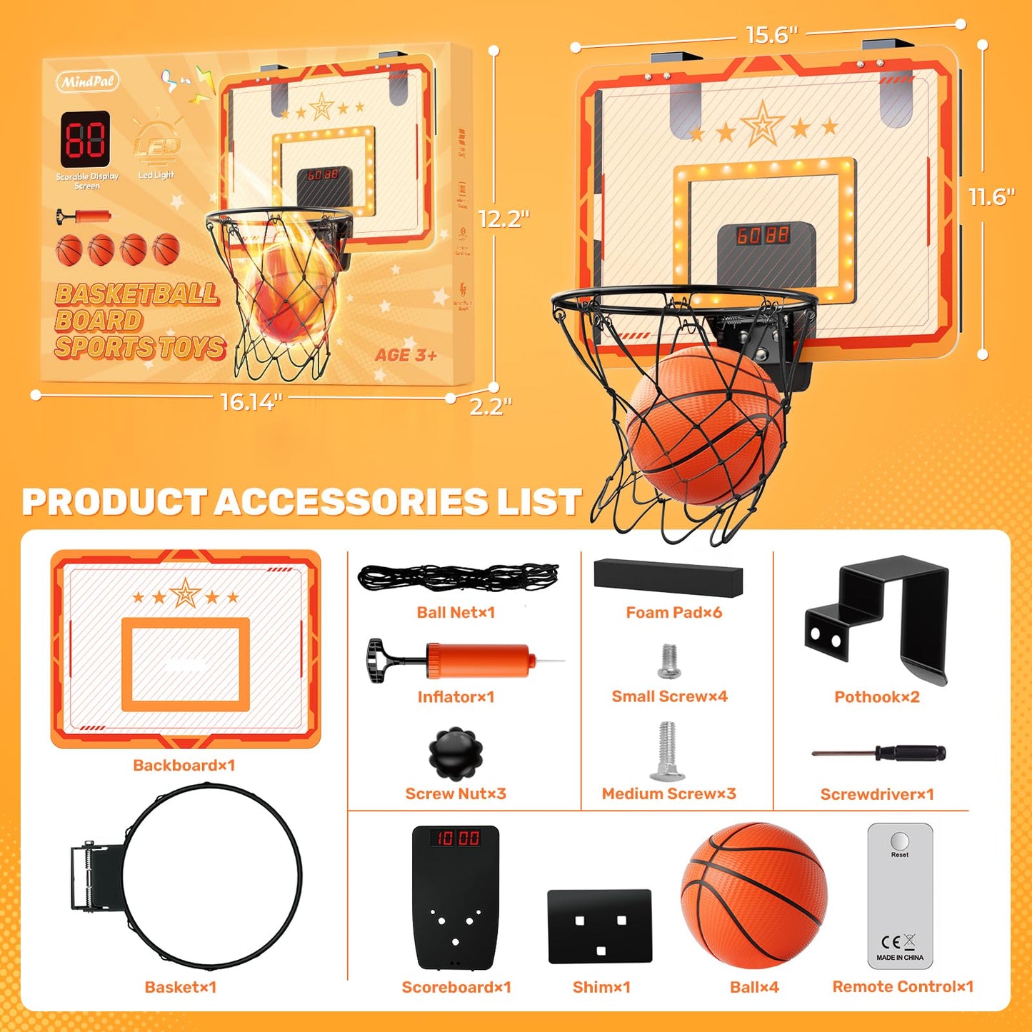 MindPal Indoor Basketball Hoop for Kids 8-12 — LED Mini Hoop with Scoreboard