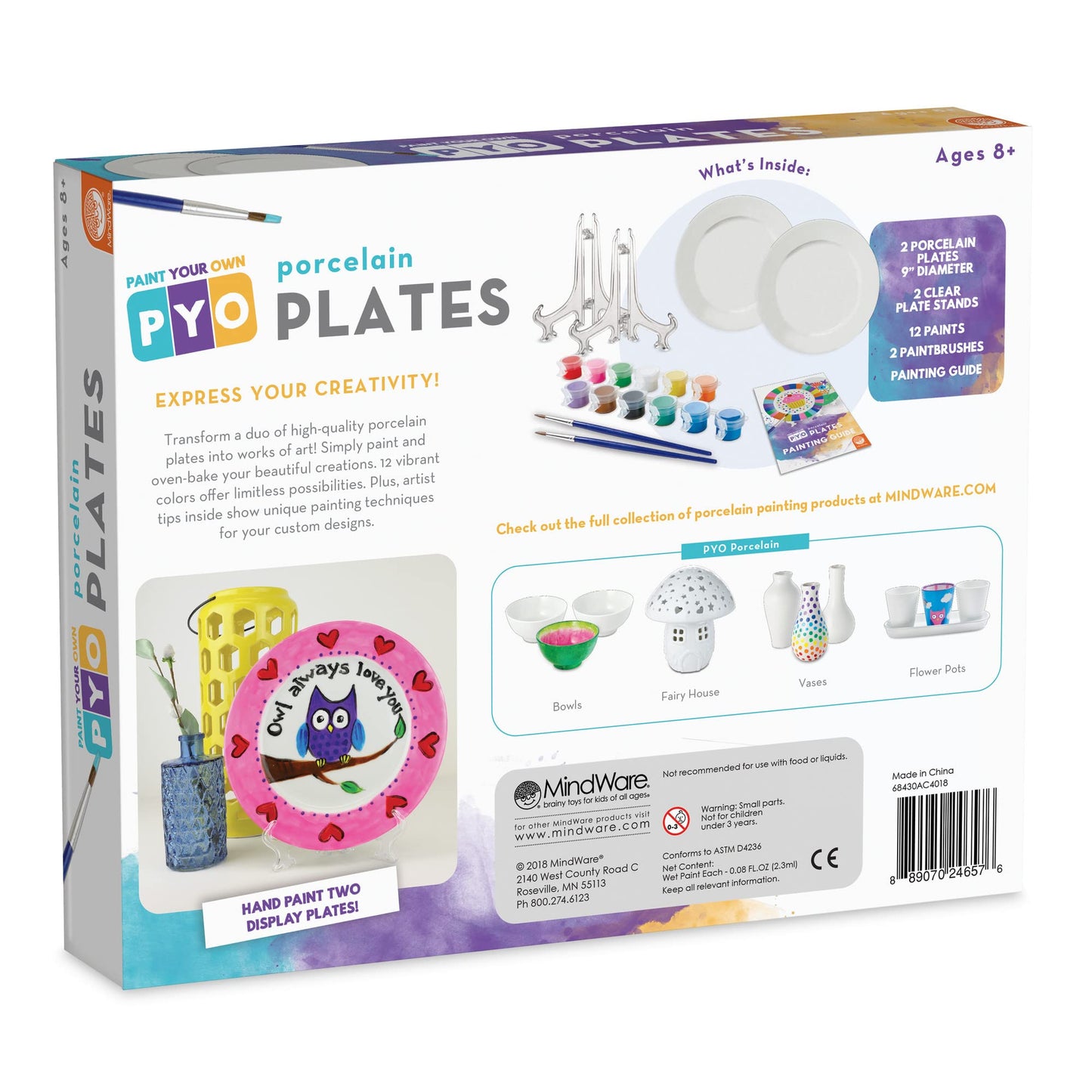 MindWare Paint Your Own Porcelain Plates Kit – 2 Plates, 12 Paints, 2 Brushes, 2 Stands