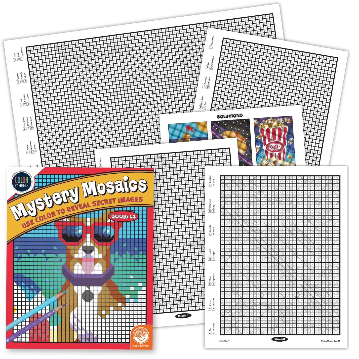 MindWare Color by Number Mystery Mosaics: Book 14 — Surprising Mosaic Puzzles for Ages 6+
