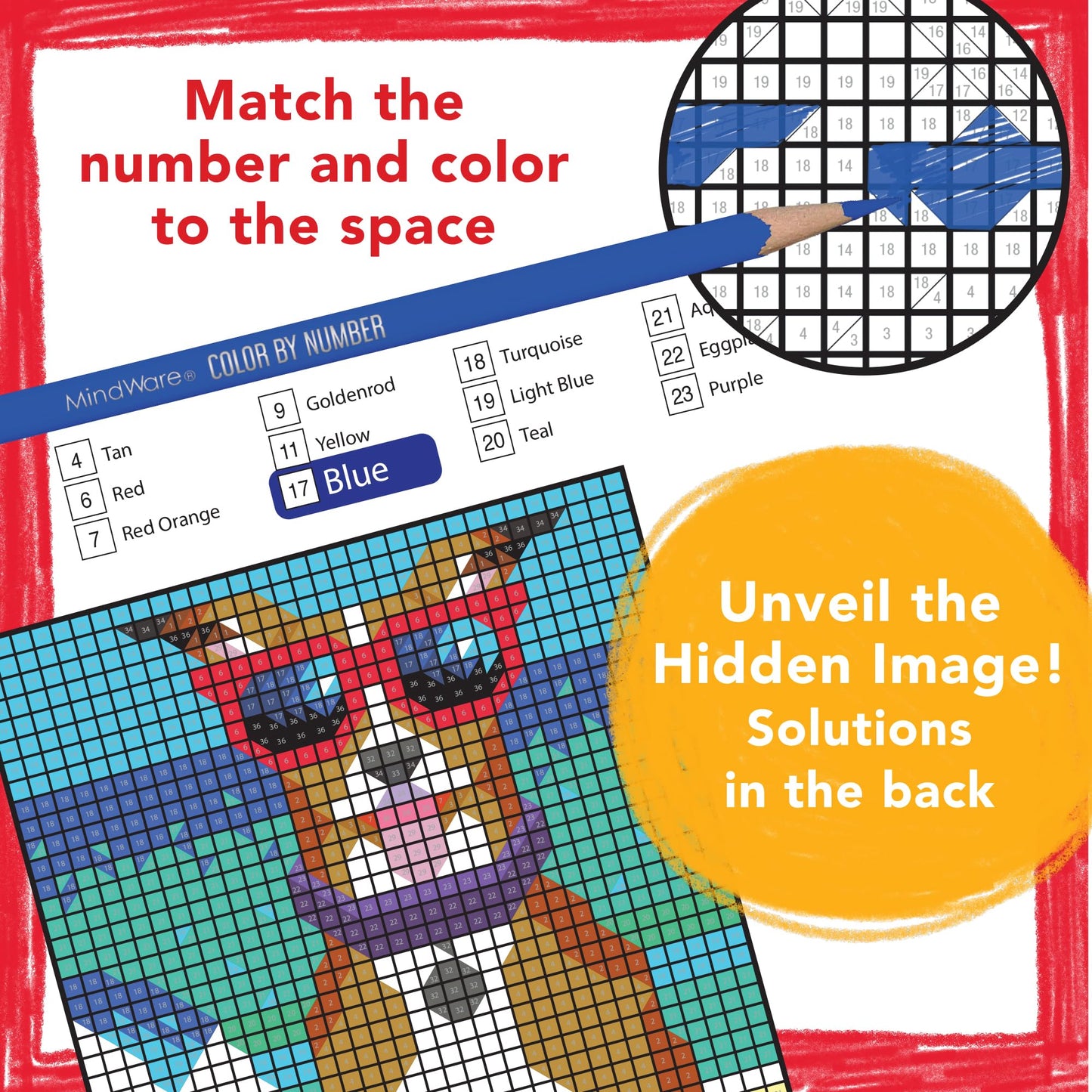 MindWare Color by Number Mystery Mosaics: Book 14 — Surprising Mosaic Puzzles for Ages 6+