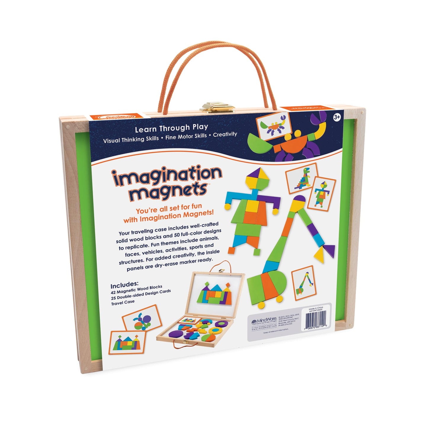 MindWare Imagination Magnets: Wooden Pattern Blocks Set – 42 Magnetic Blocks, 50 Puzzles, Carrying Case