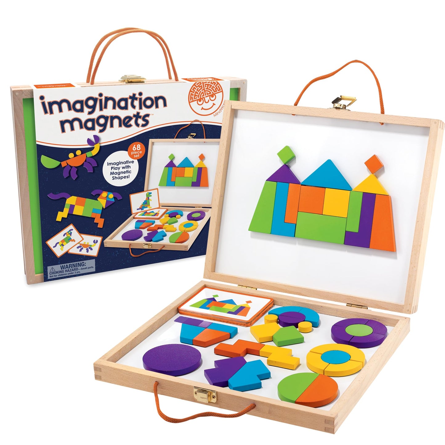 MindWare Imagination Magnets: Wooden Pattern Blocks Set – 42 Magnetic Blocks, 50 Puzzles, Carrying Case