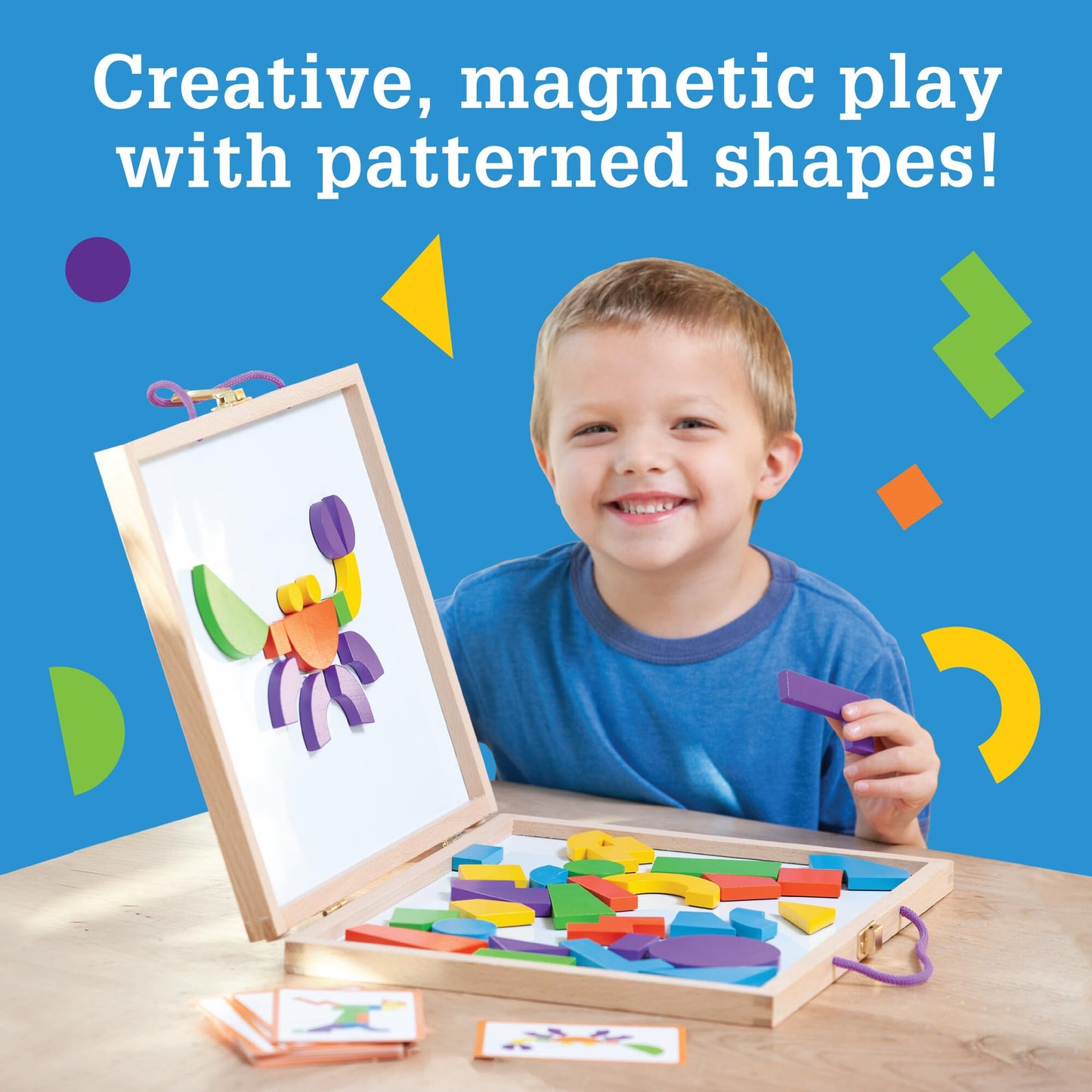 MindWare Imagination Magnets: Wooden Pattern Blocks Set – 42 Magnetic Blocks, 50 Puzzles, Carrying Case