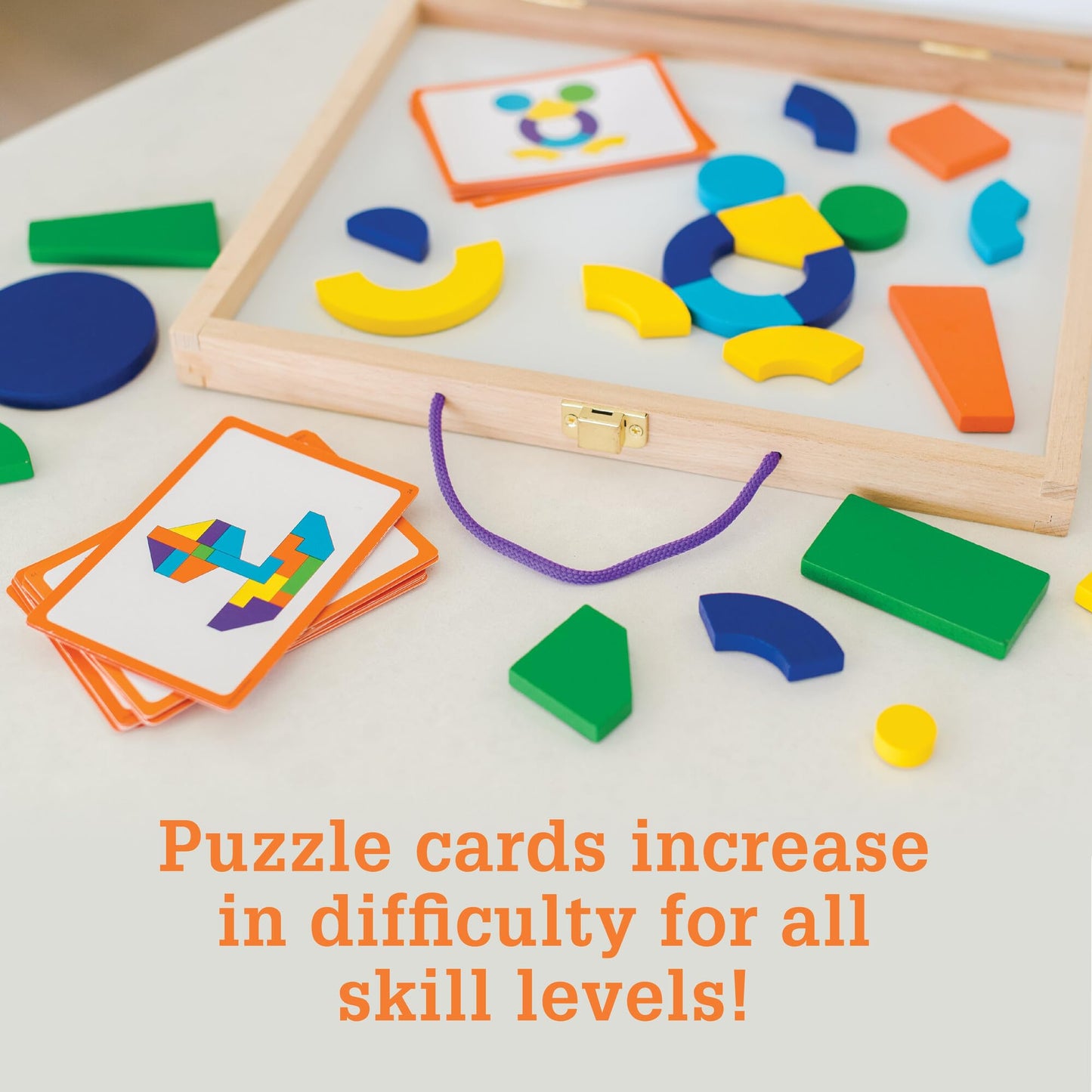MindWare Imagination Magnets: Wooden Pattern Blocks Set – 42 Magnetic Blocks, 50 Puzzles, Carrying Case