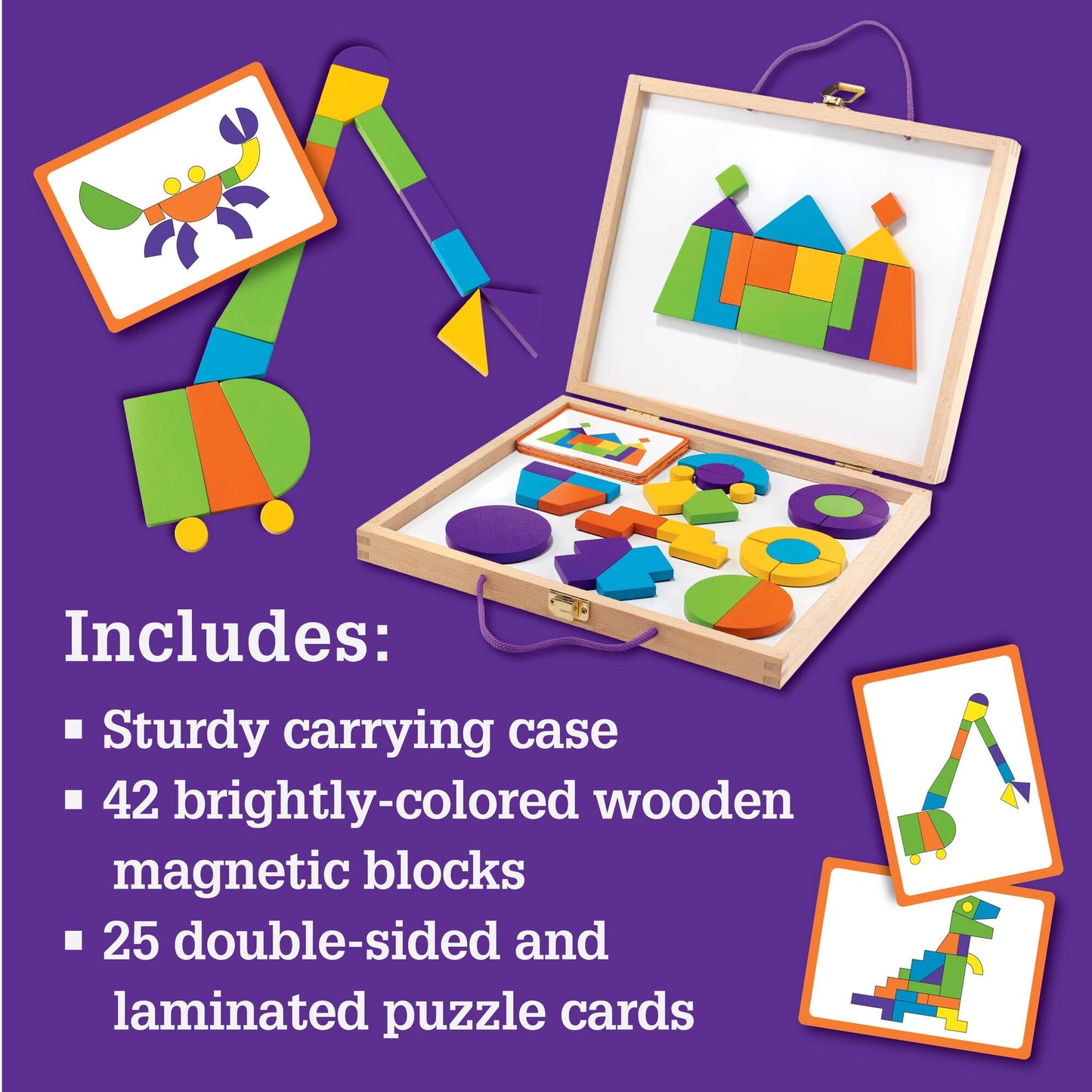 MindWare Imagination Magnets: Wooden Pattern Blocks Set – 42 Magnetic Blocks, 50 Puzzles, Carrying Case