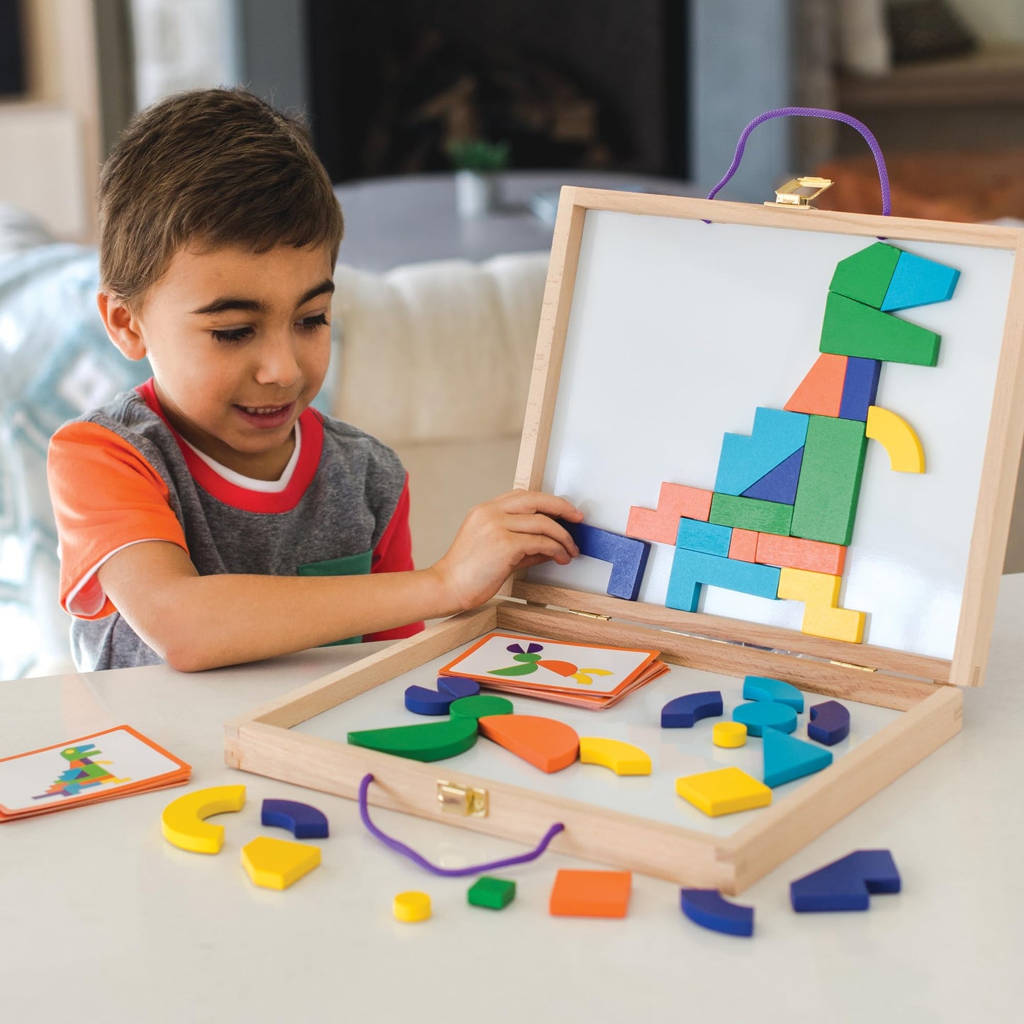 MindWare Imagination Magnets: Wooden Pattern Blocks Set – 42 Magnetic Blocks, 50 Puzzles, Carrying Case
