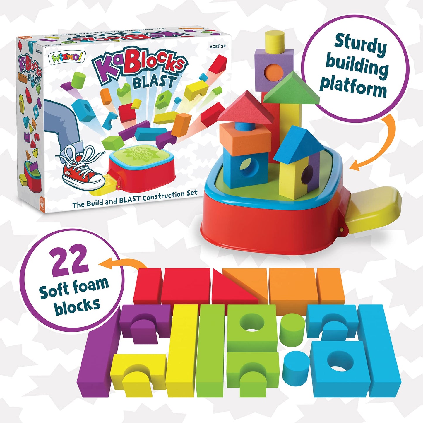 MindWare KaBlocks Blast – 30 Foam Blocks, 2 Launch Blocks, Platform & Kaboom Launch Pad (Ages 3+)
