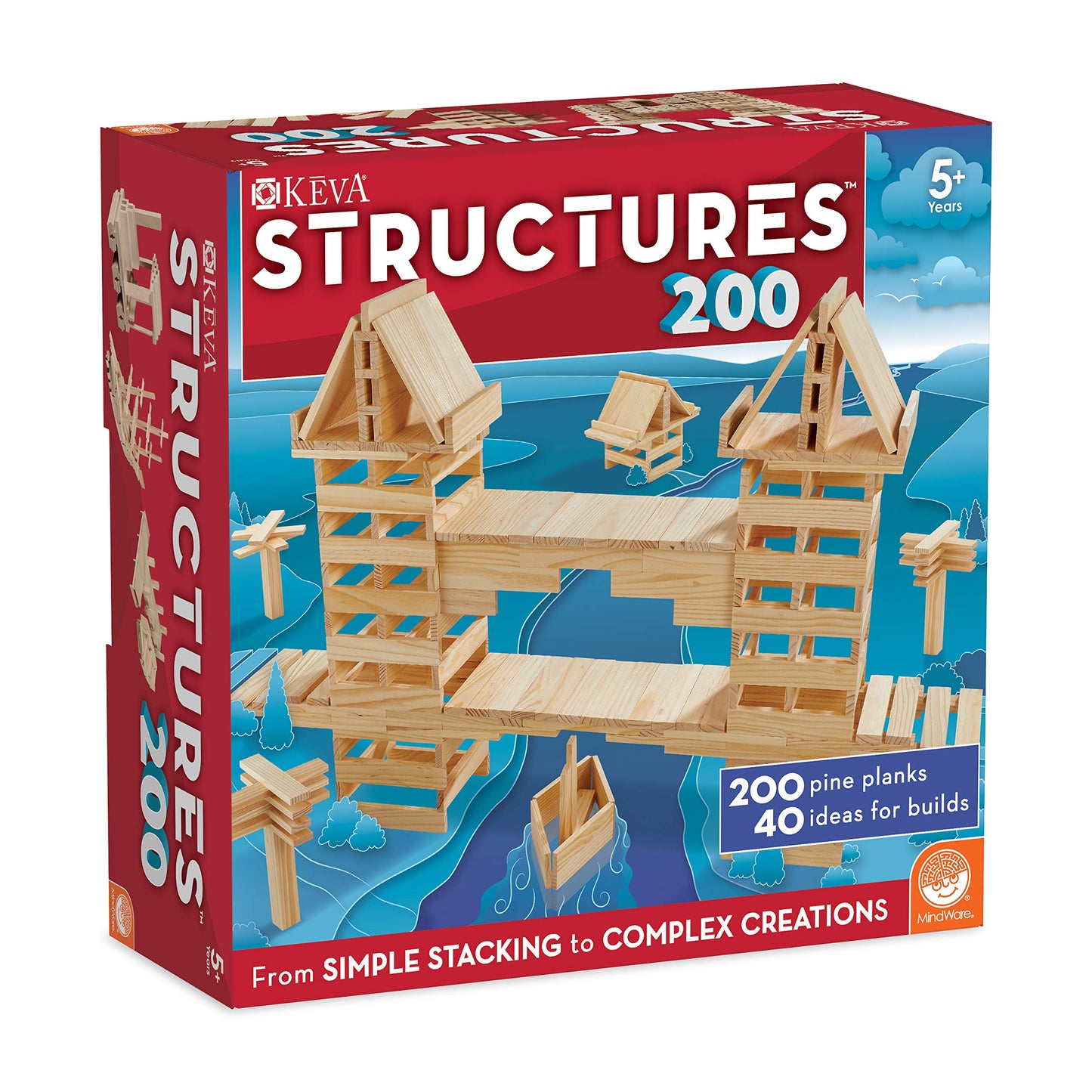 MindWare KEVA Structures 200 Wood Building Planks Set – 200 Pine Blocks + Idea Book | Ages 5+