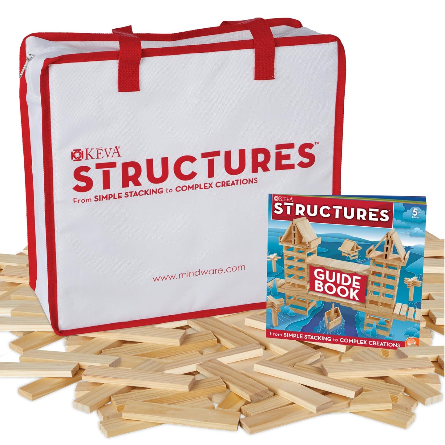 MindWare KEVA Structures 400 Plank Building Blocks Set | 400 Pine Planks, Bag & Idea Book