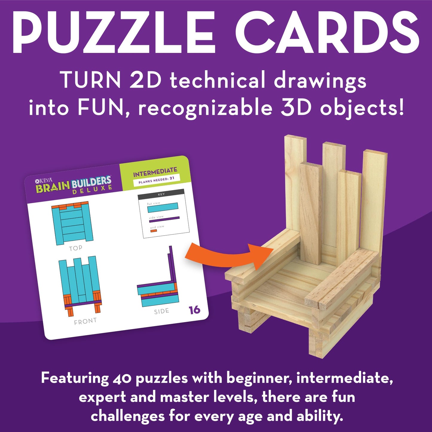 MindWare Keva Brain Builders Deluxe – 75 KEVA Planks, 40 Puzzle Cards, 8 Design Cards (Ages 7+)