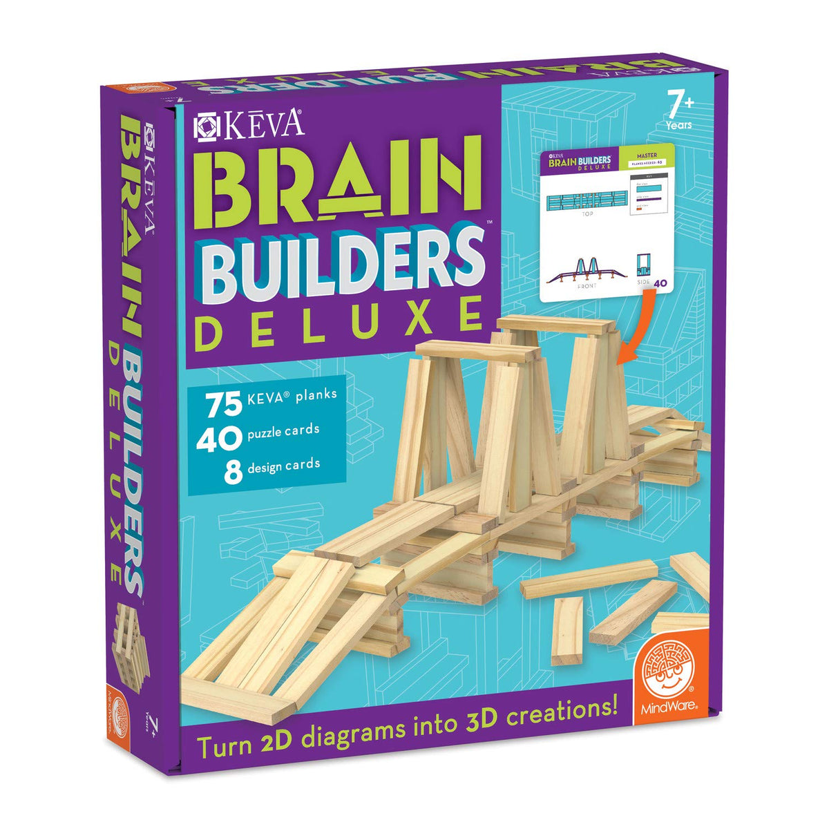 MindWare Keva Brain Builders Deluxe – 75 KEVA Planks, 40 Puzzle Cards, 8 Design Cards (Ages 7+)