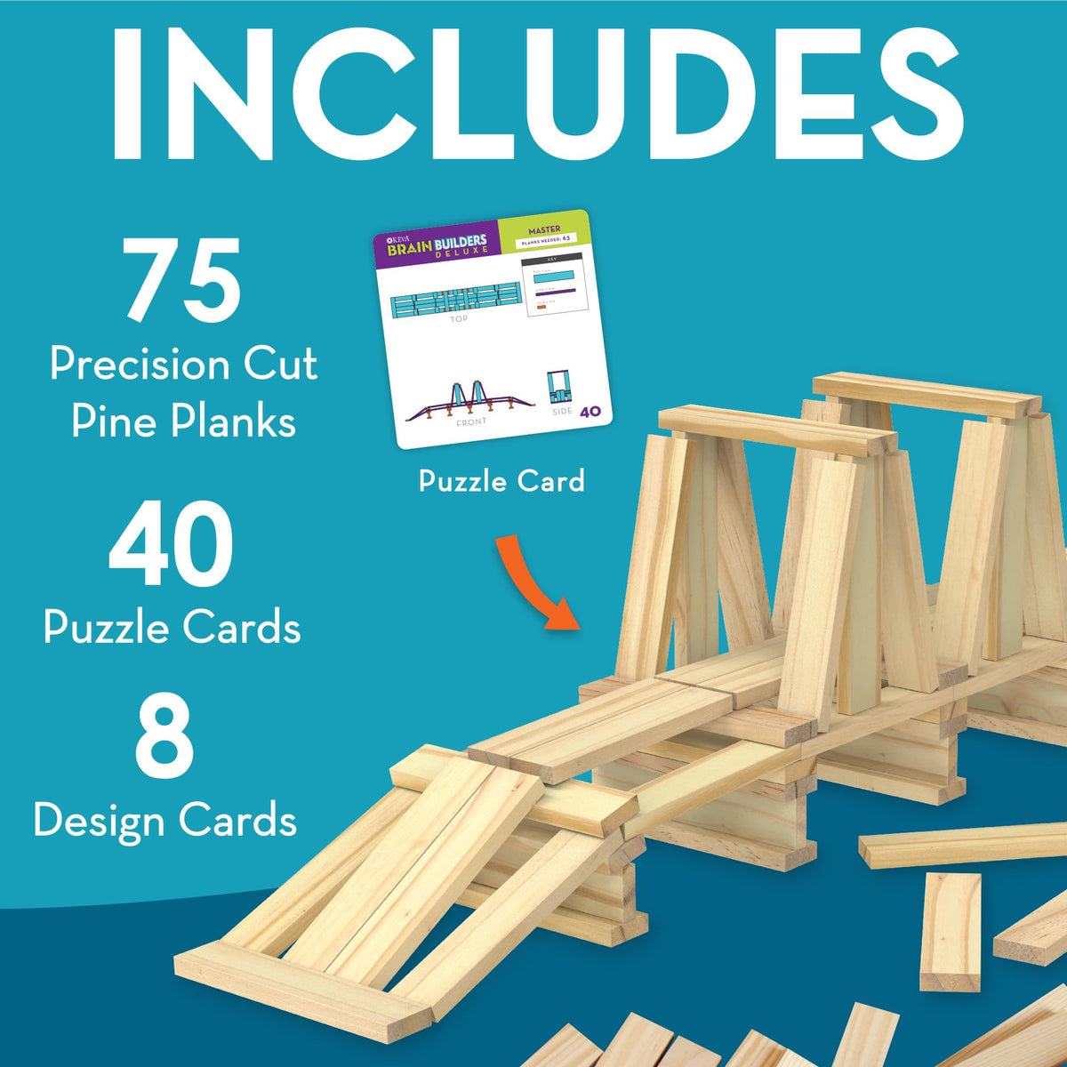 MindWare Keva Brain Builders Deluxe – 75 KEVA Planks, 40 Puzzle Cards, 8 Design Cards (Ages 7+)