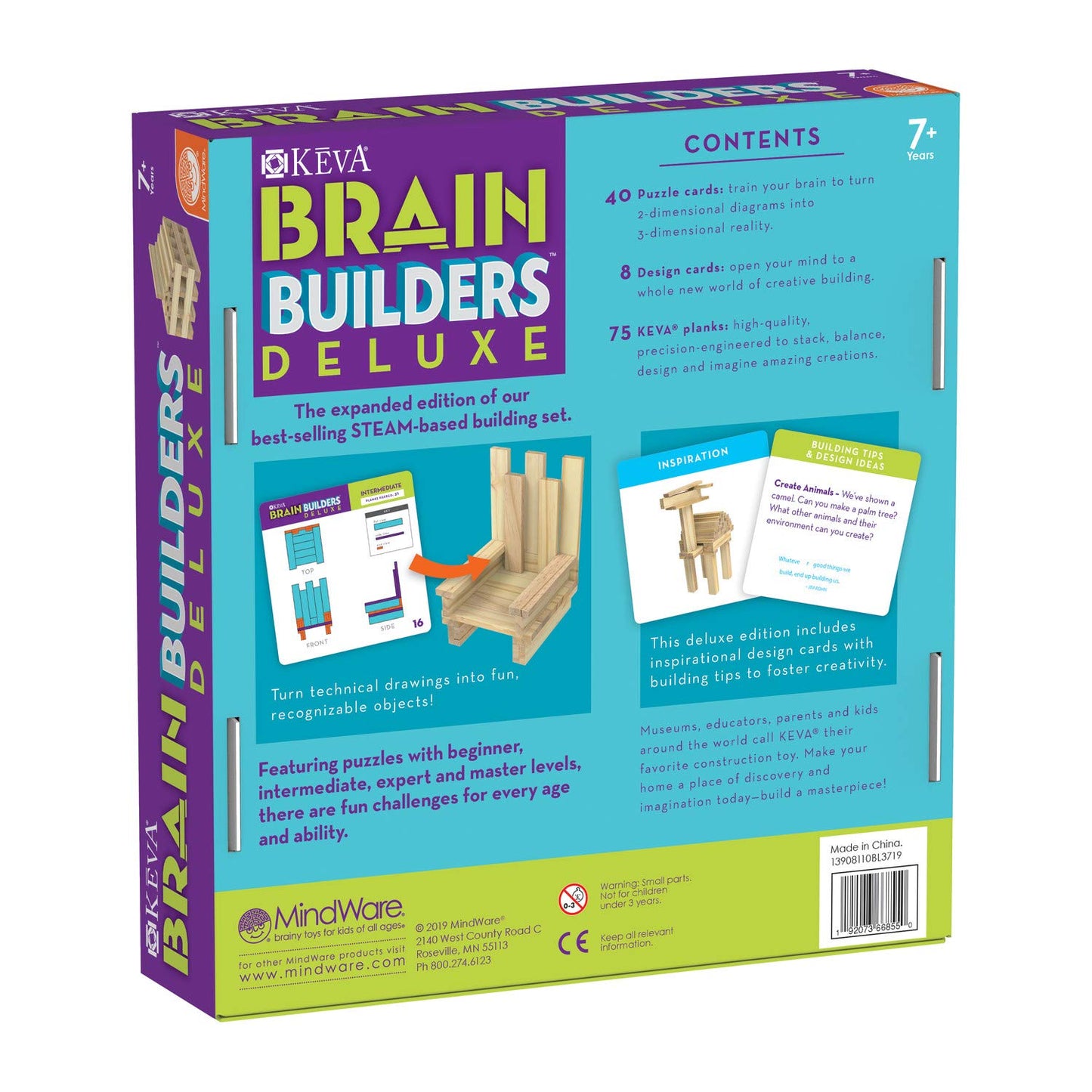 MindWare Keva Brain Builders Deluxe – 75 KEVA Planks, 40 Puzzle Cards, 8 Design Cards (Ages 7+)