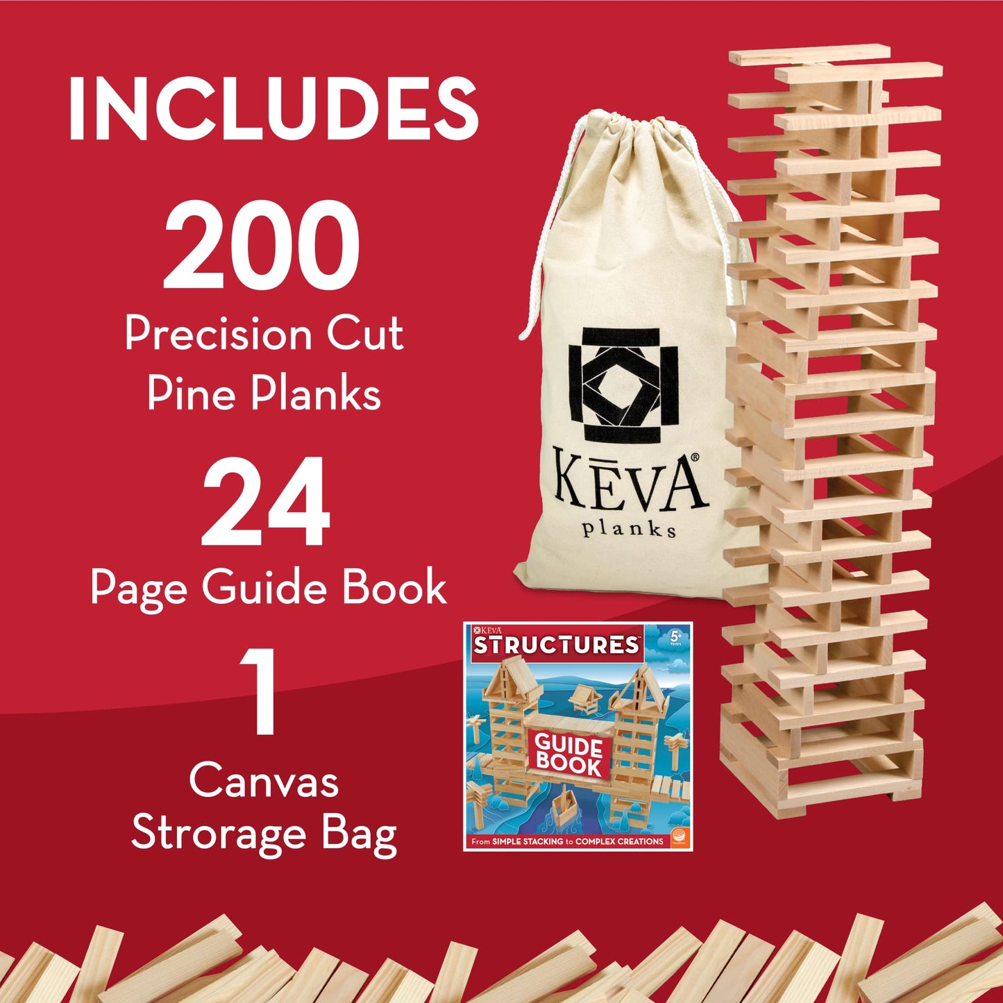 MindWare KEVA Structures 200 Wood Building Planks Set – 200 Pine Blocks + Idea Book | Ages 5+