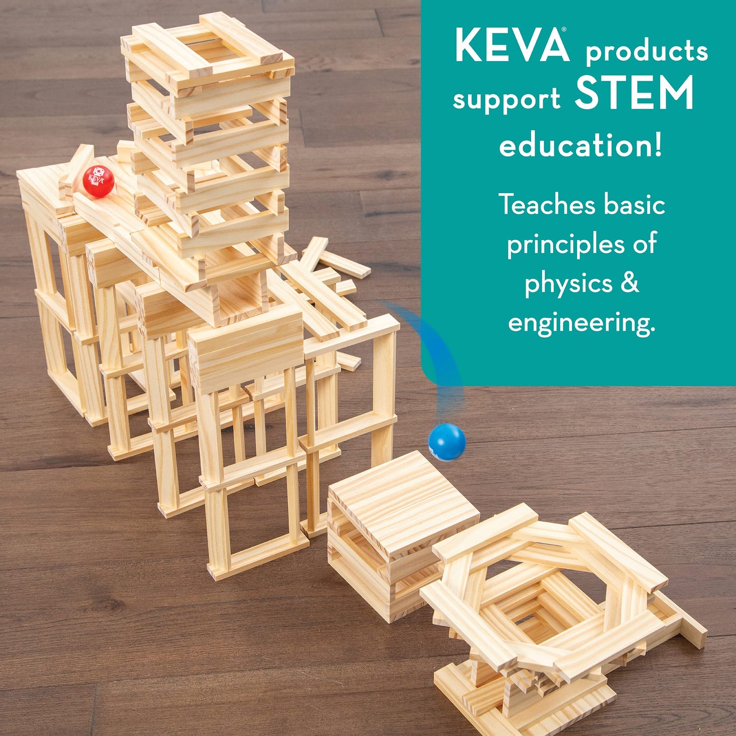 MindWare KEVA Contraptions: Wooden Blocks Marble Run Kit with 200 Planks & 2 Balls