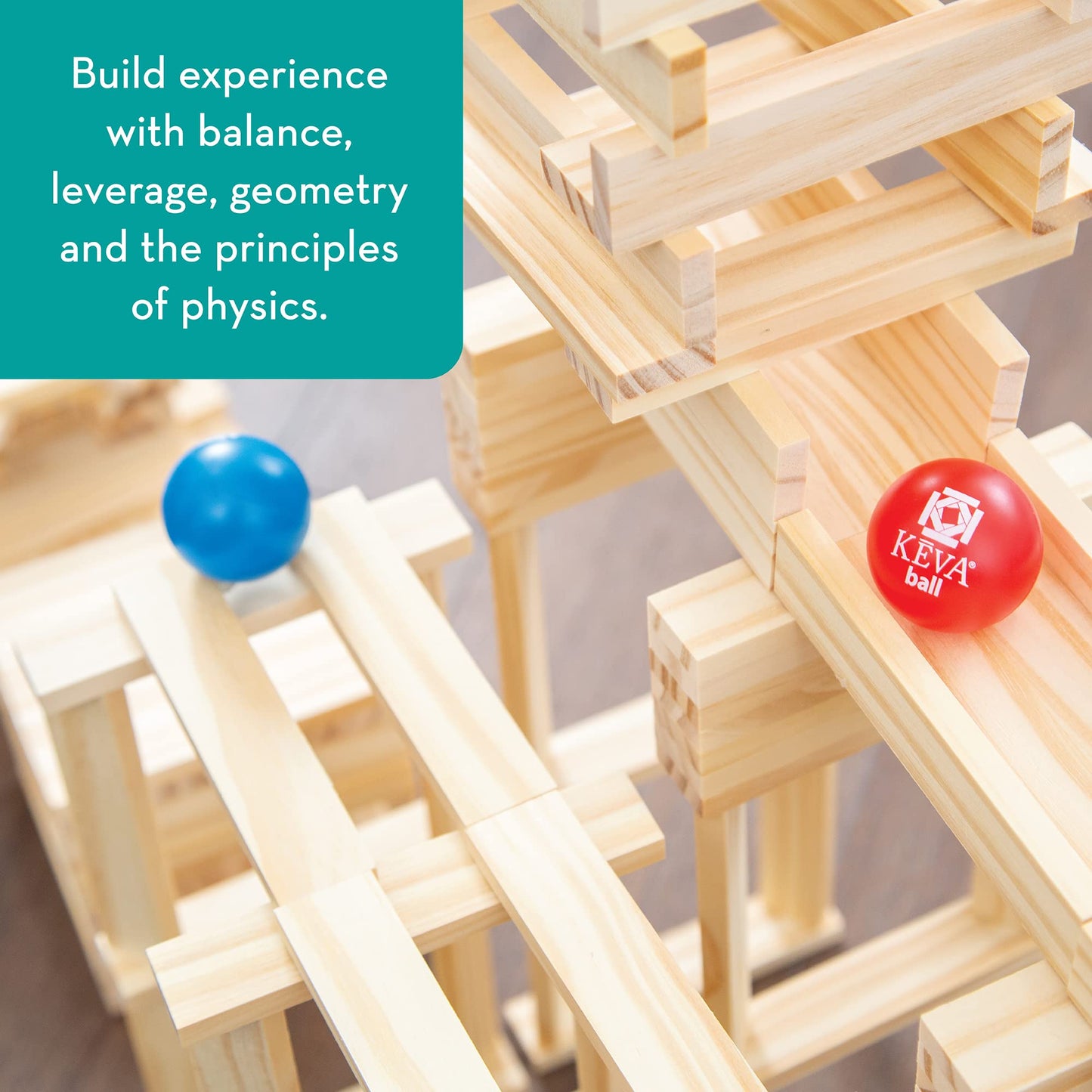 MindWare KEVA Contraptions: Wooden Blocks Marble Run Kit with 200 Planks & 2 Balls