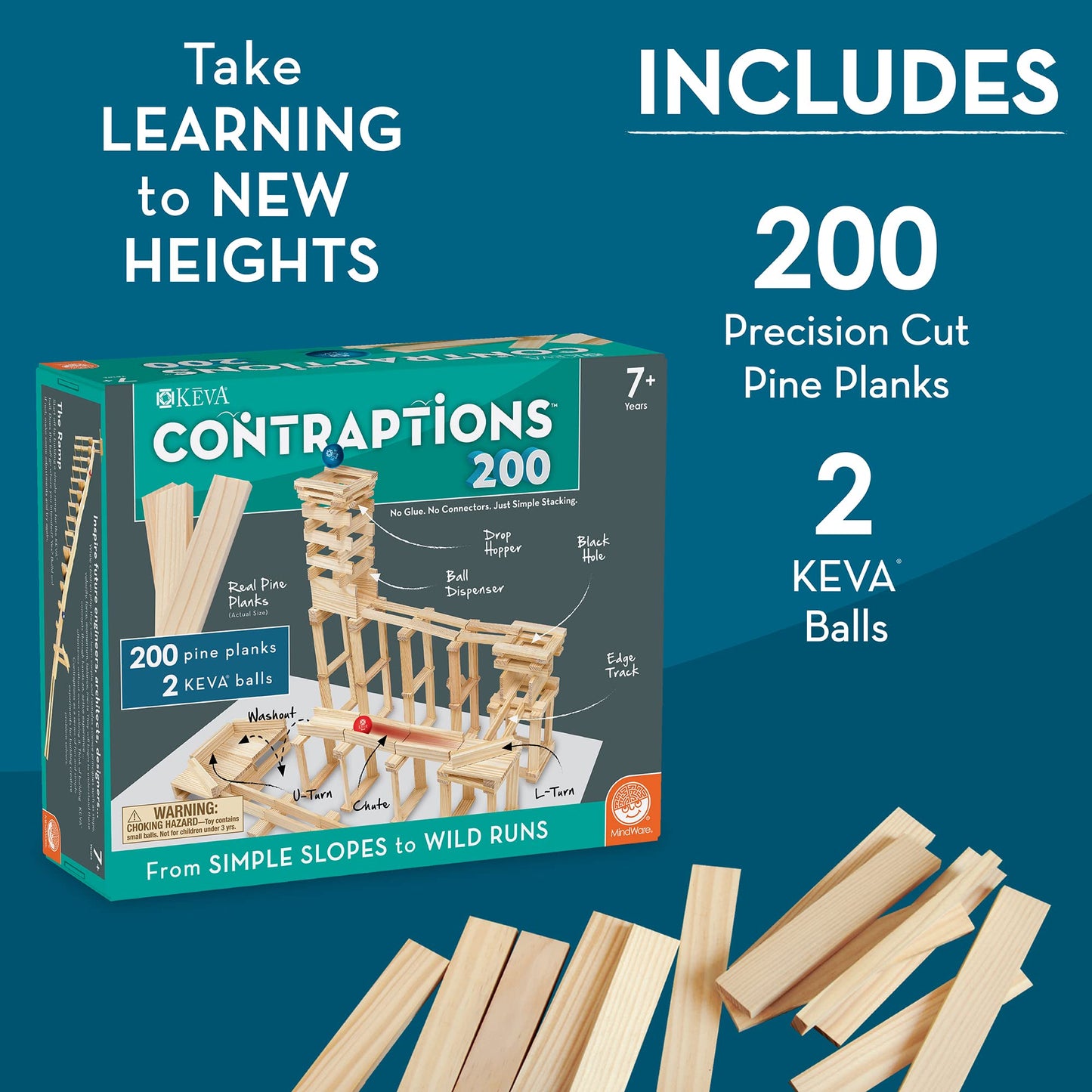 MindWare KEVA Contraptions: Wooden Blocks Marble Run Kit with 200 Planks & 2 Balls