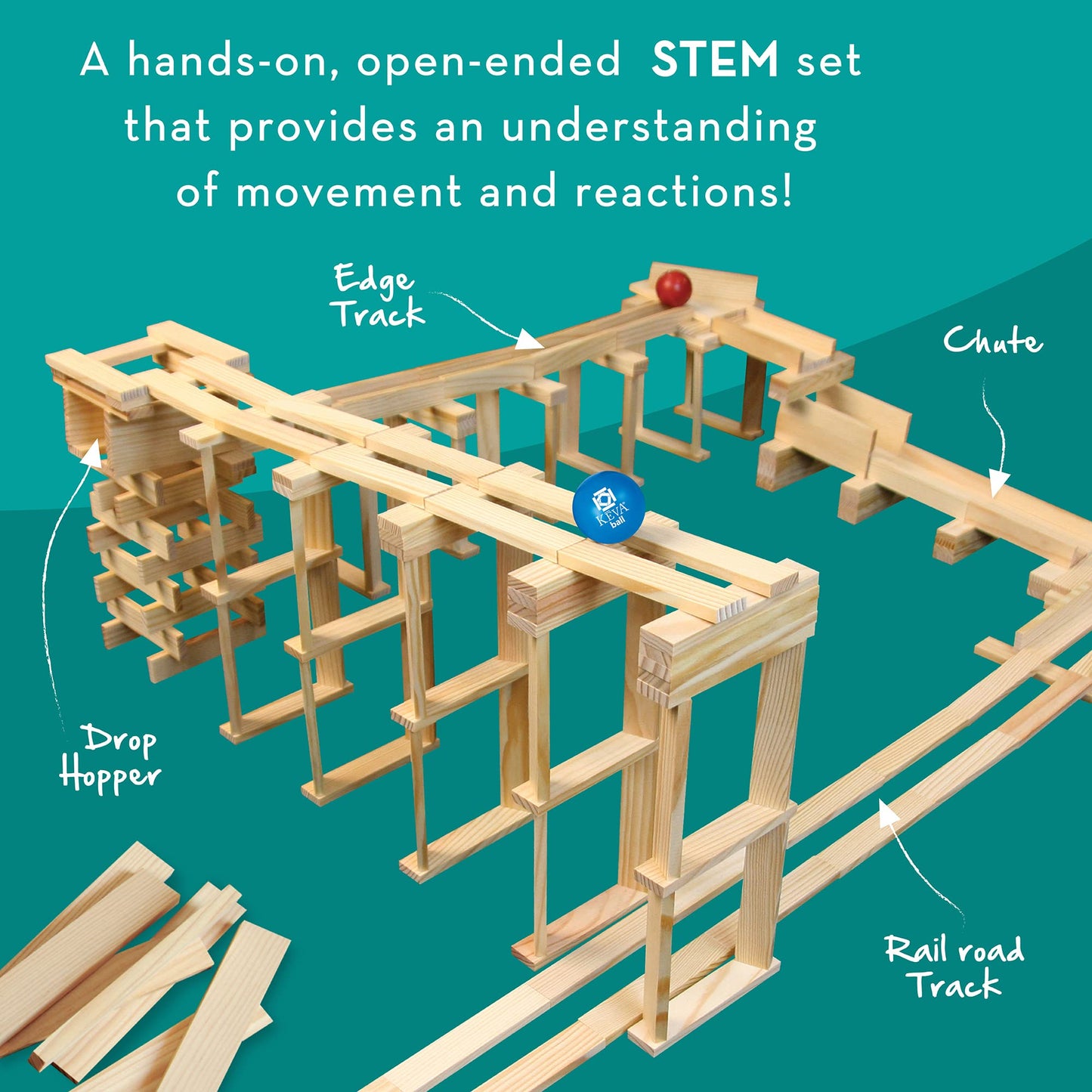 MindWare KEVA Contraptions: Wooden Blocks Marble Run Kit with 200 Planks & 2 Balls