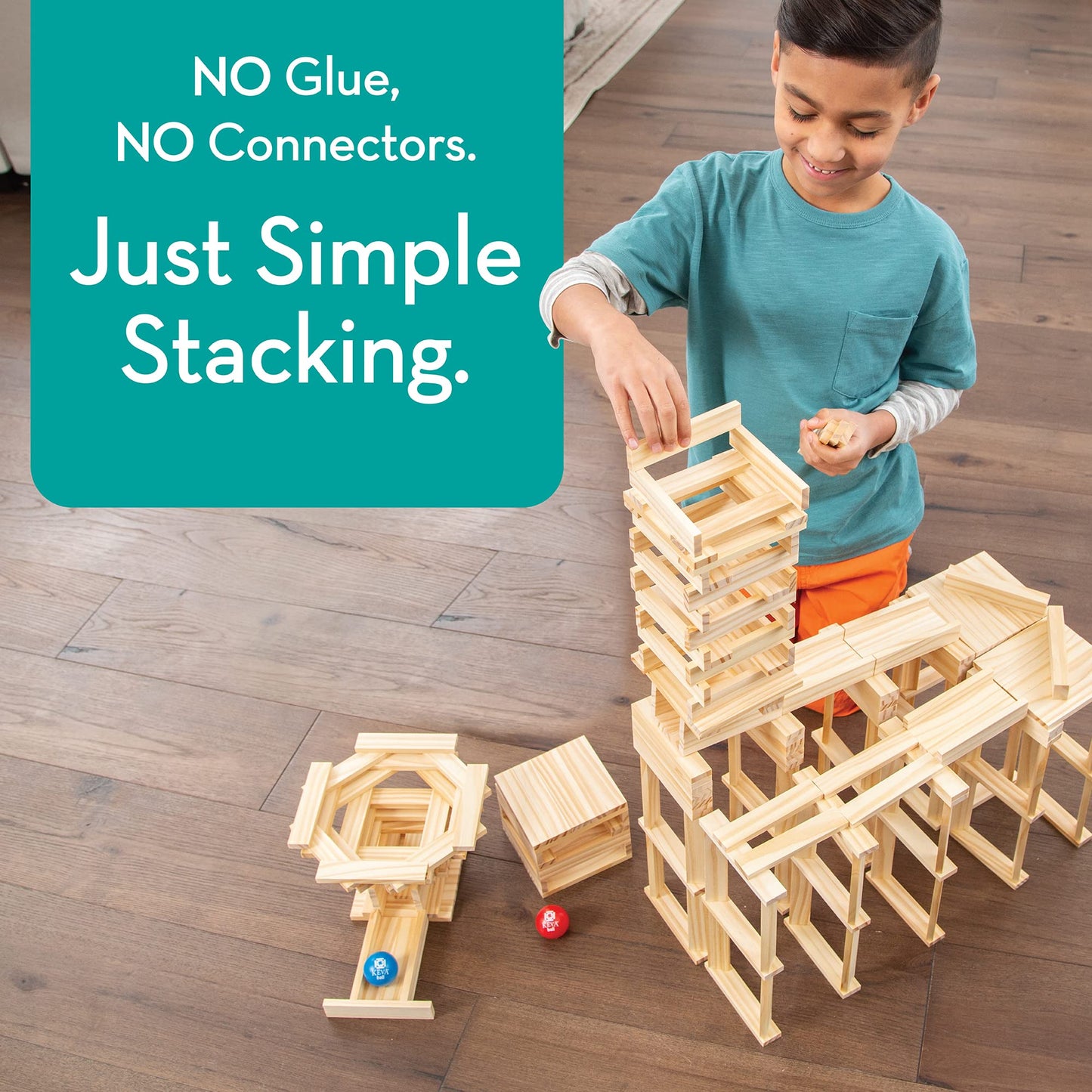 MindWare KEVA Contraptions: Wooden Blocks Marble Run Kit with 200 Planks & 2 Balls