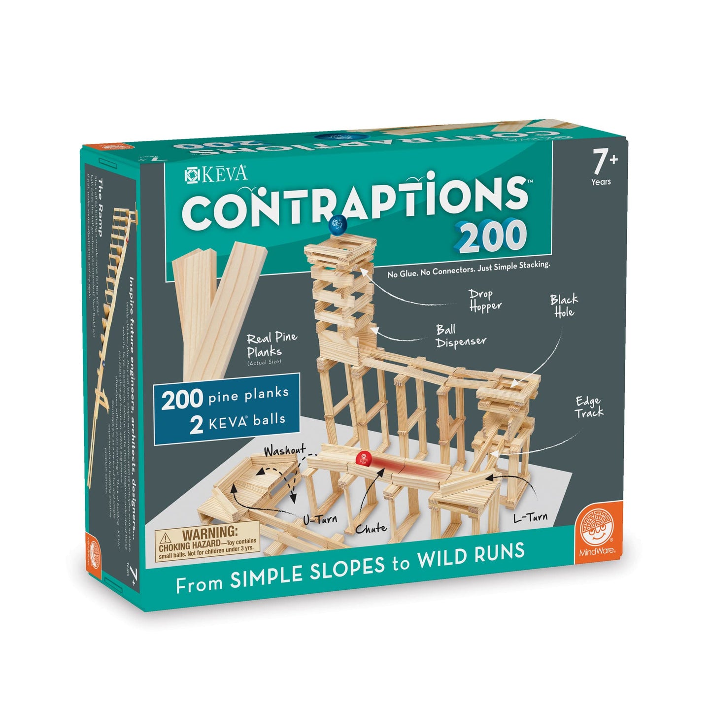 MindWare KEVA Contraptions: Wooden Blocks Marble Run Kit with 200 Planks & 2 Balls