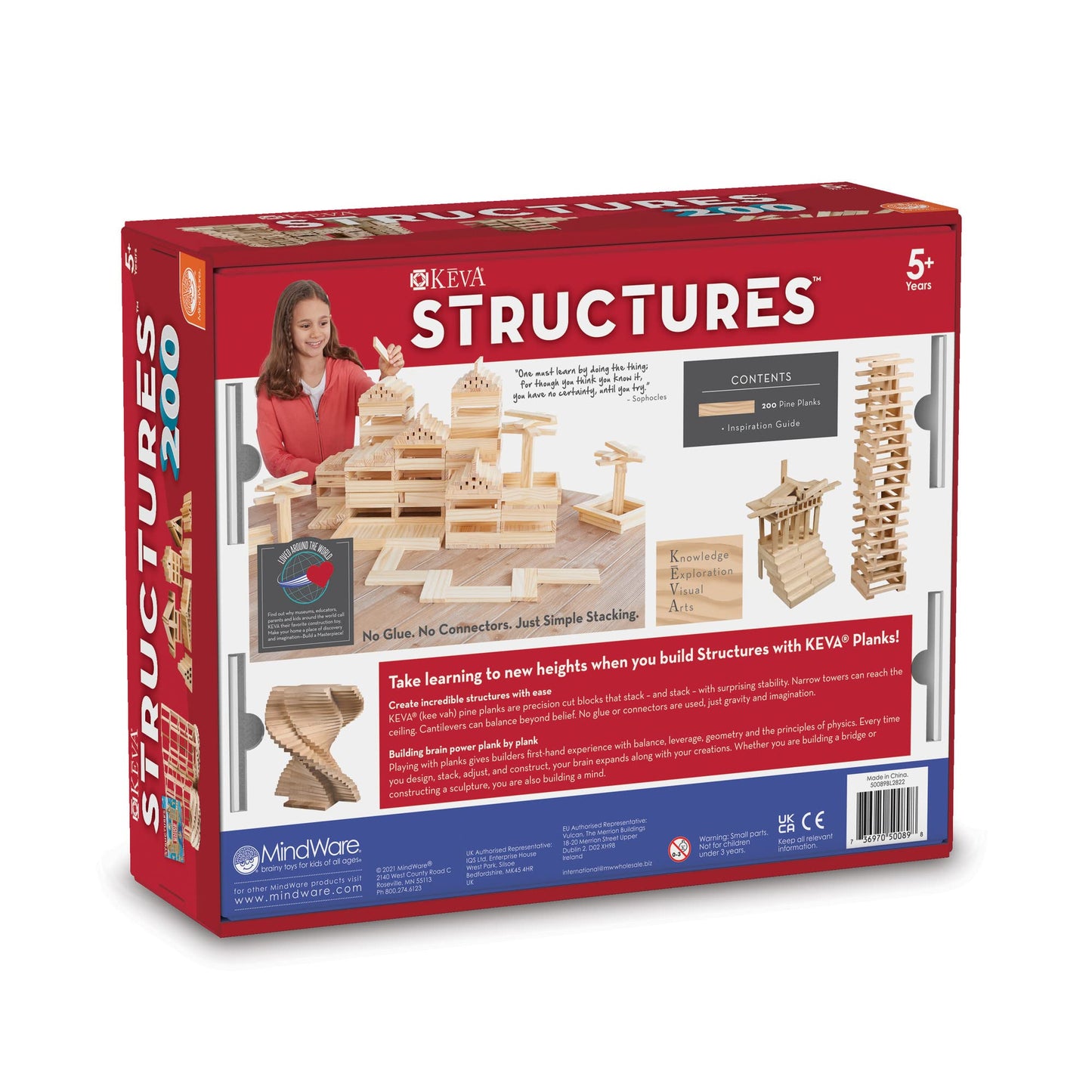 MindWare KEVA Structures 200 Wood Building Planks Set – 200 Pine Blocks + Idea Book | Ages 5+