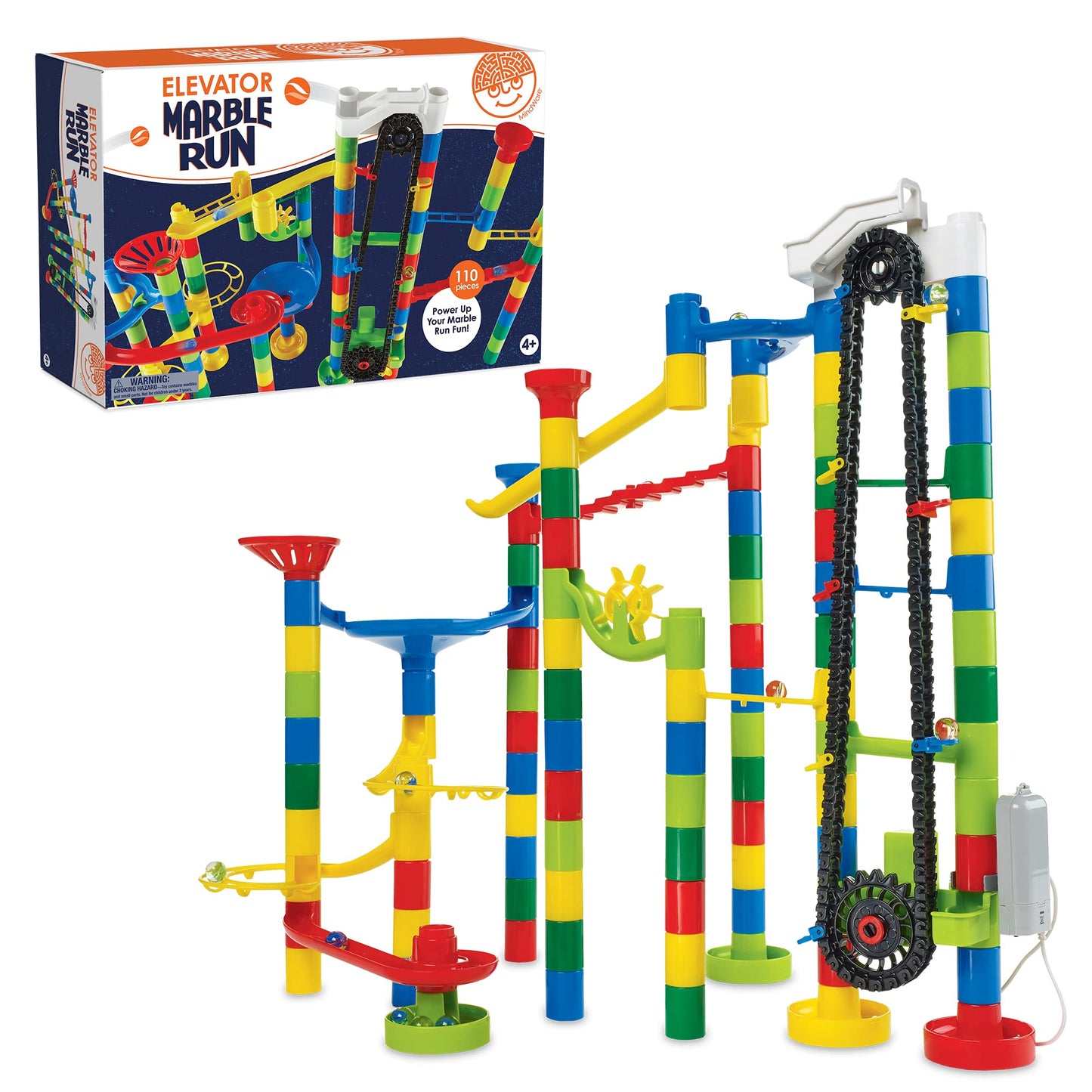 MindWare Marble Run 110-Piece Set with 82 Track Pieces, 15 Marbles & Motorized Elevator