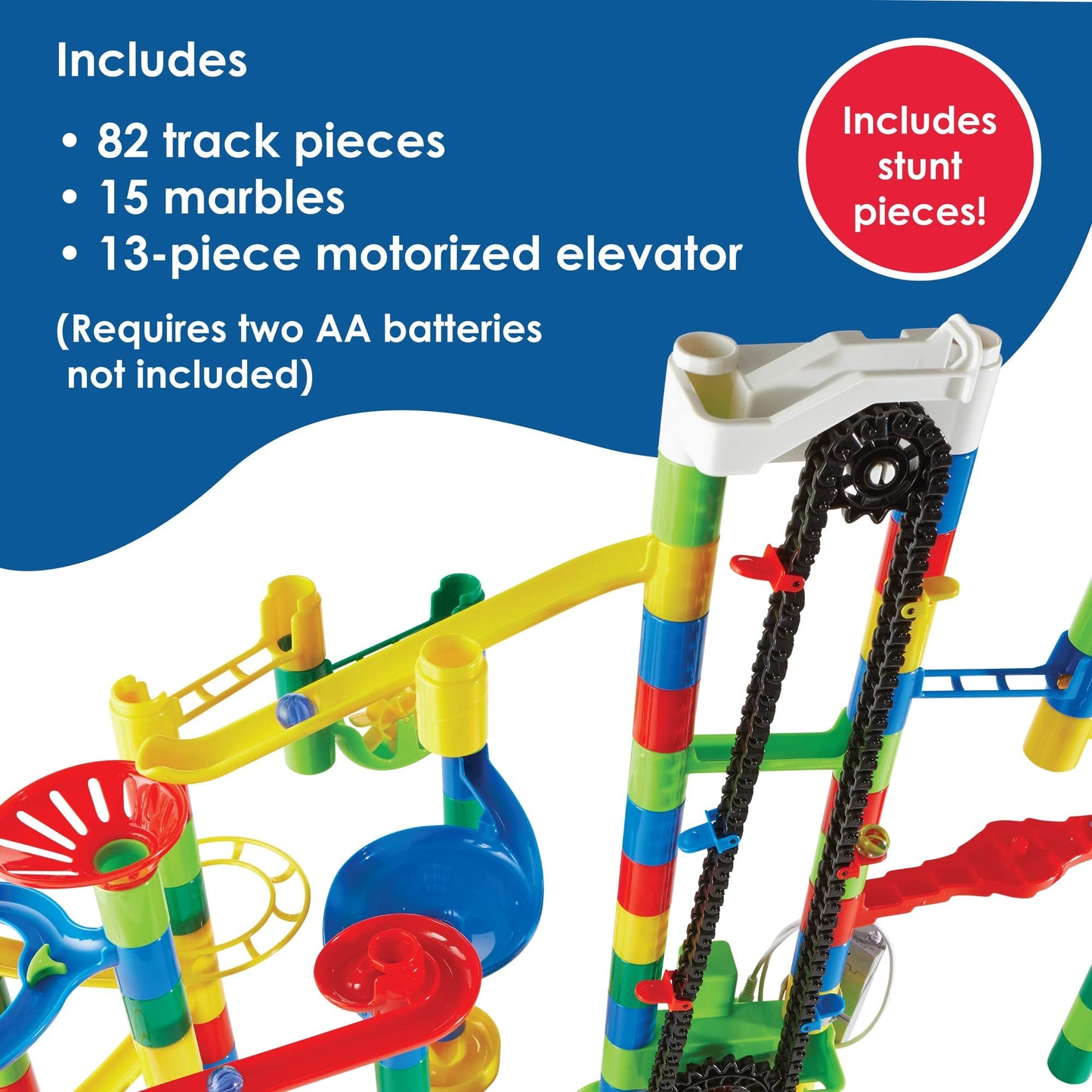 MindWare Marble Run 110-Piece Set with 82 Track Pieces, 15 Marbles & Motorized Elevator