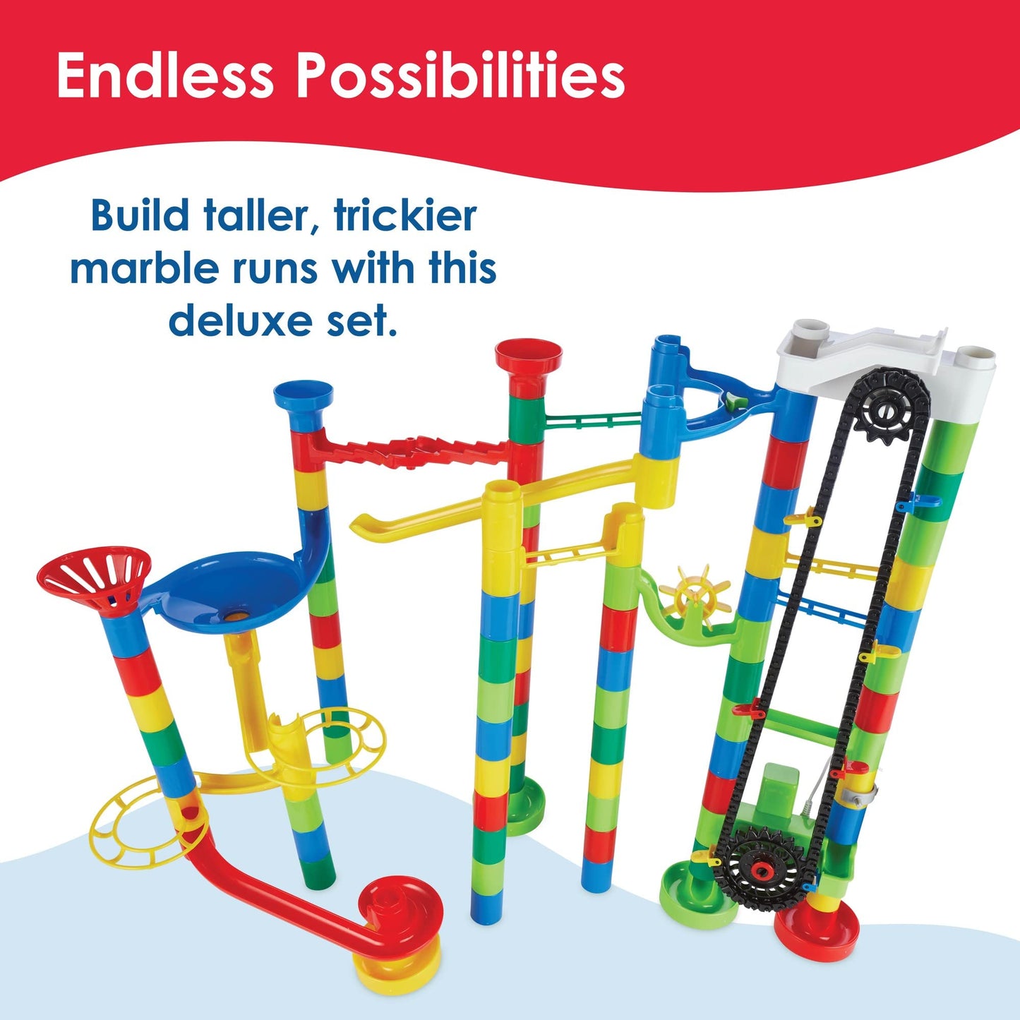 MindWare Marble Run 110-Piece Set with 82 Track Pieces, 15 Marbles & Motorized Elevator