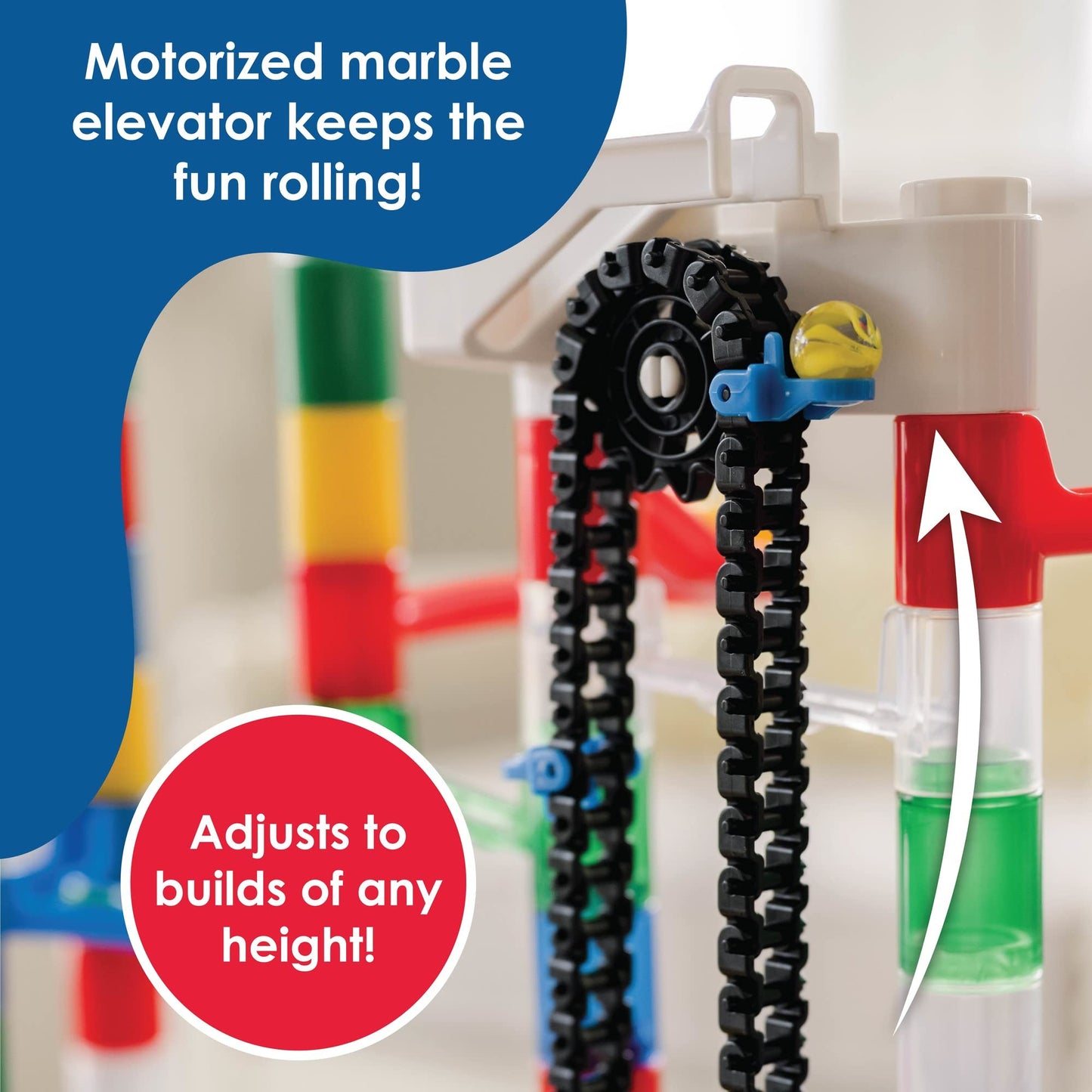 MindWare Marble Run 110-Piece Set with 82 Track Pieces, 15 Marbles & Motorized Elevator