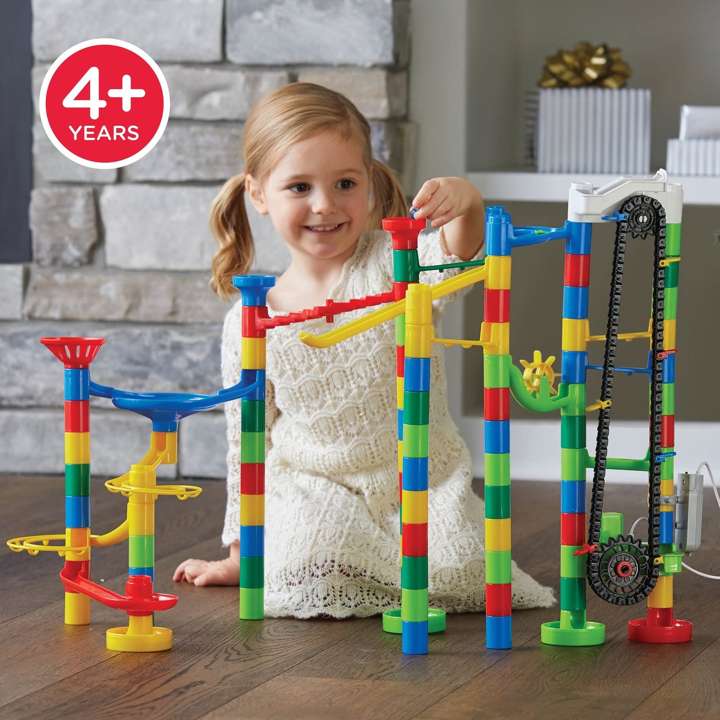 MindWare Marble Run 110-Piece Set with 82 Track Pieces, 15 Marbles & Motorized Elevator