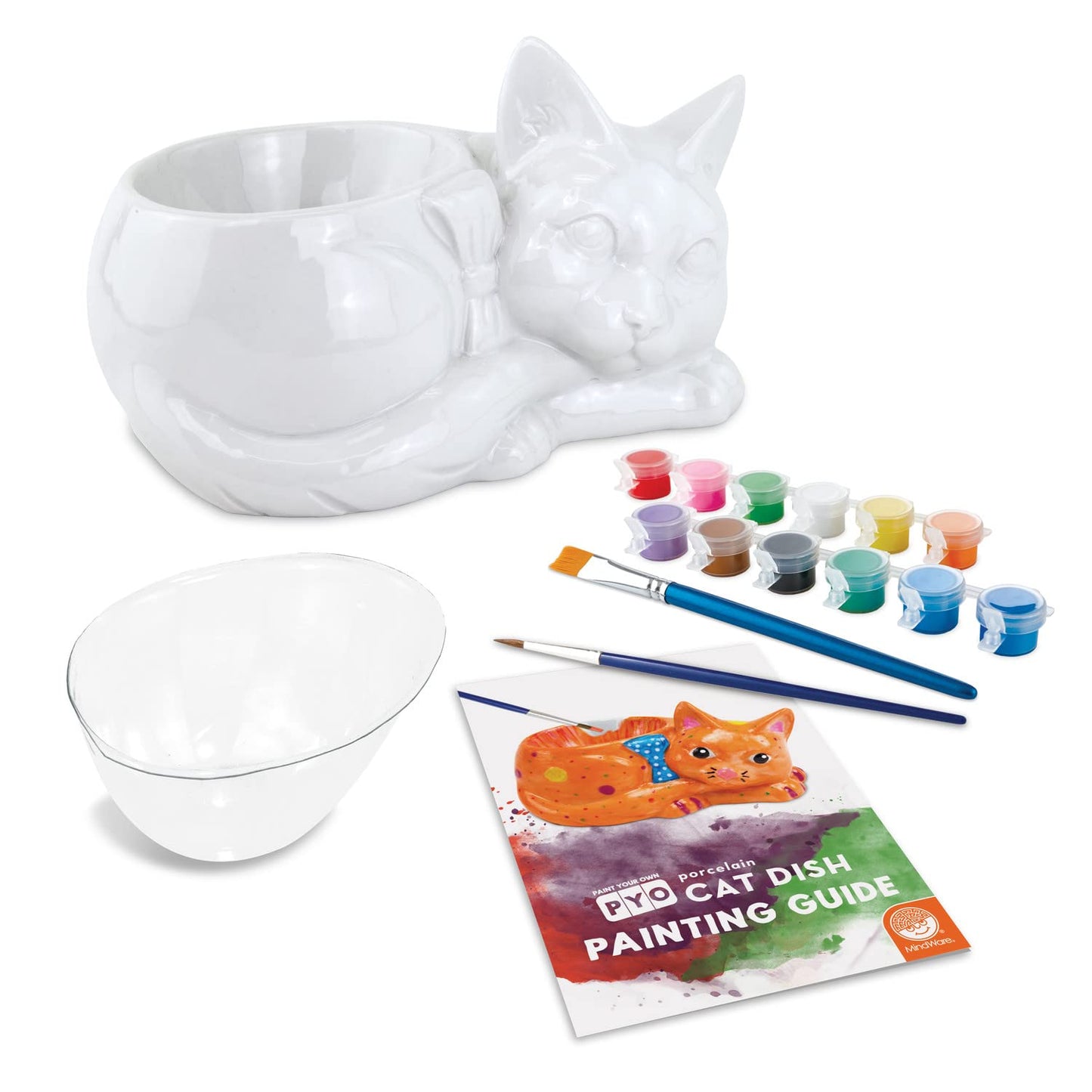 MindWare Paint Your Own Cat Dish – Ceramic Painting Kit with 12 Paints & 2 Brushes