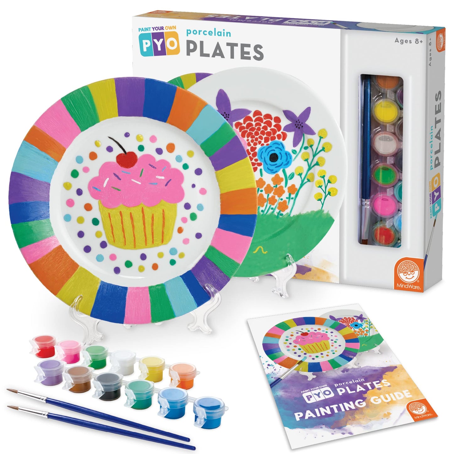 MindWare Paint Your Own Porcelain Plates Kit – 2 Plates, 12 Paints, 2 Brushes, 2 Stands