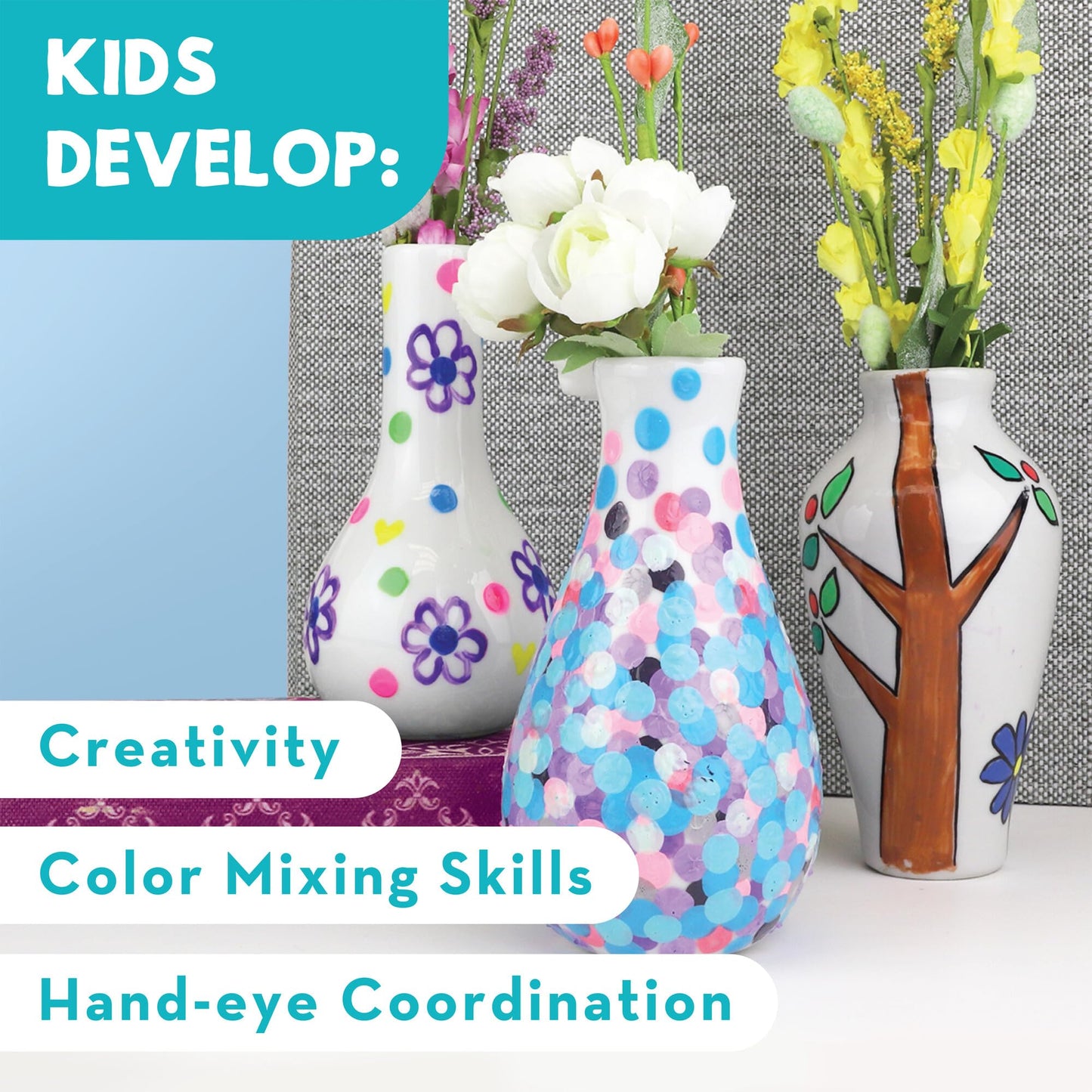 MindWare Paint Your Own Vases – 3 Porcelain Vases with 12 Paints & Brush