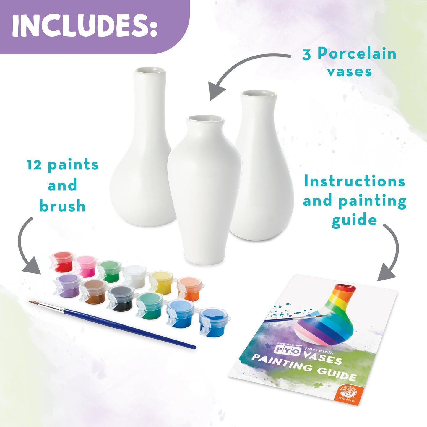 MindWare Paint Your Own Vases – 3 Porcelain Vases with 12 Paints & Brush