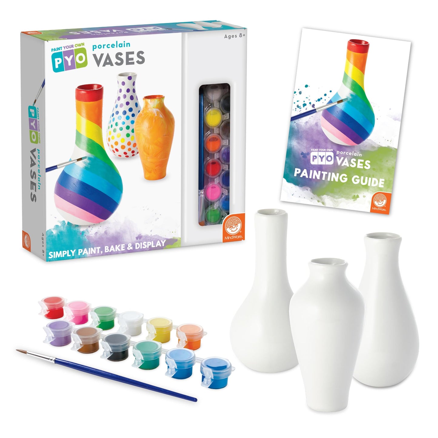 MindWare Paint Your Own Vases – 3 Porcelain Vases with 12 Paints & Brush