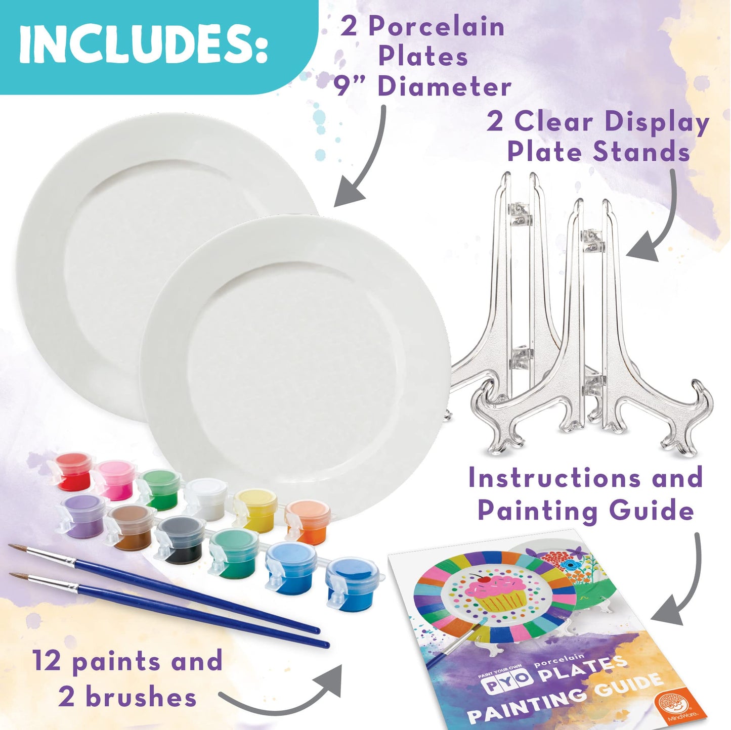 MindWare Paint Your Own Porcelain Plates Kit – 2 Plates, 12 Paints, 2 Brushes, 2 Stands