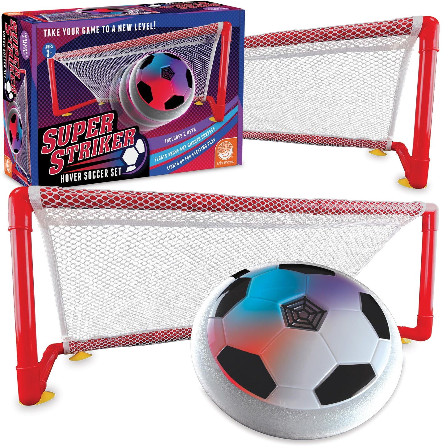MindWare Super Striker Hover Soccer Ball Set — Indoor LED Soccer for Kids 3+ | USB Charger & 2 Nets