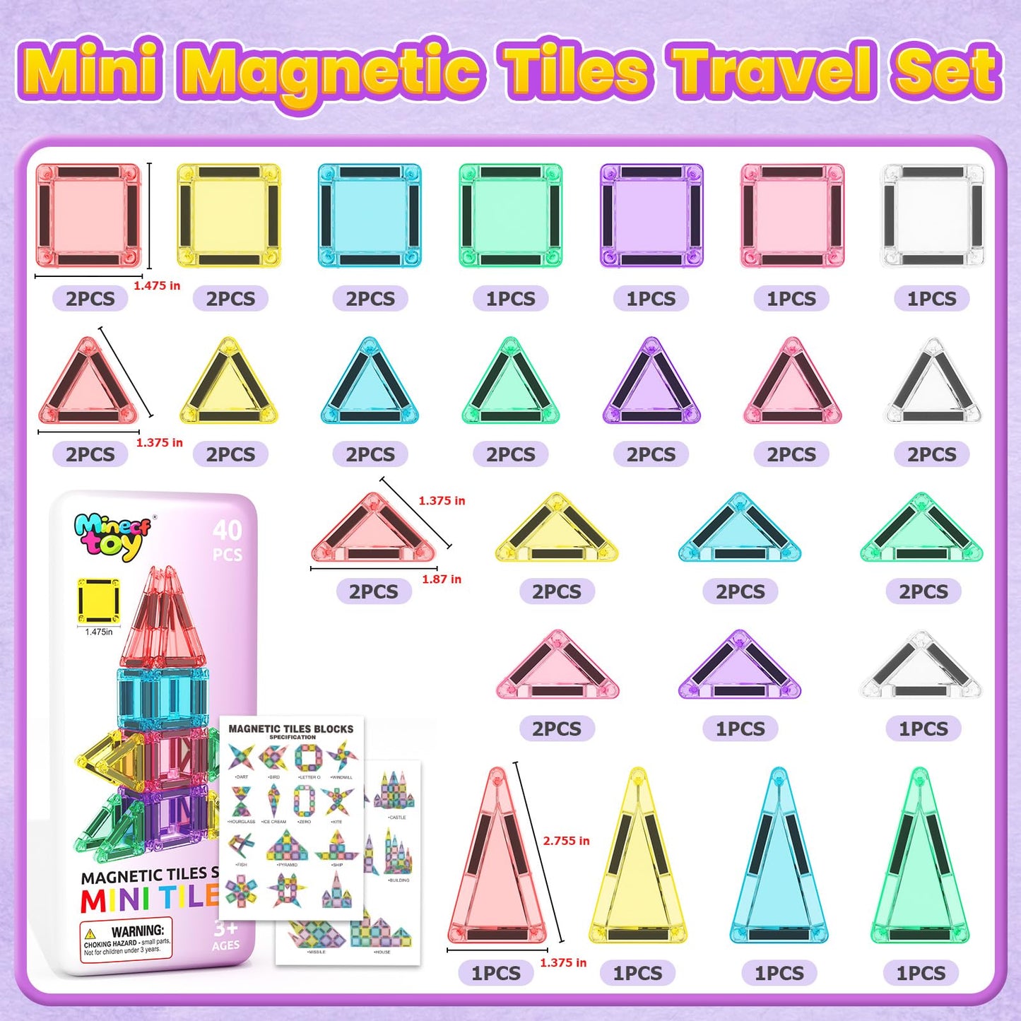Minecftoy 40PCS Magnetic Tiles Mini Travel Set — Portable Building Blocks for 3-5 Year Olds