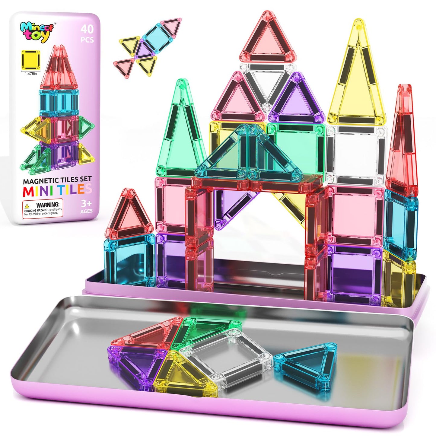 Minecftoy 40PCS Magnetic Tiles Mini Travel Set — Portable Building Blocks for 3-5 Year Olds