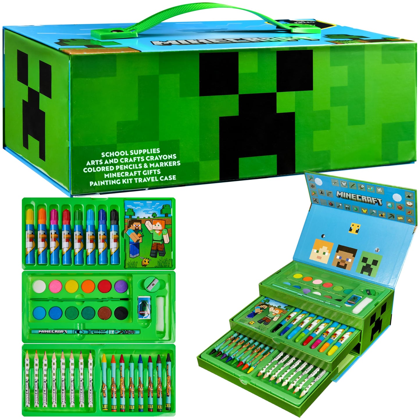 Minecraft Colored Pencils Art Set – 3-Tier Carry Case for Kids