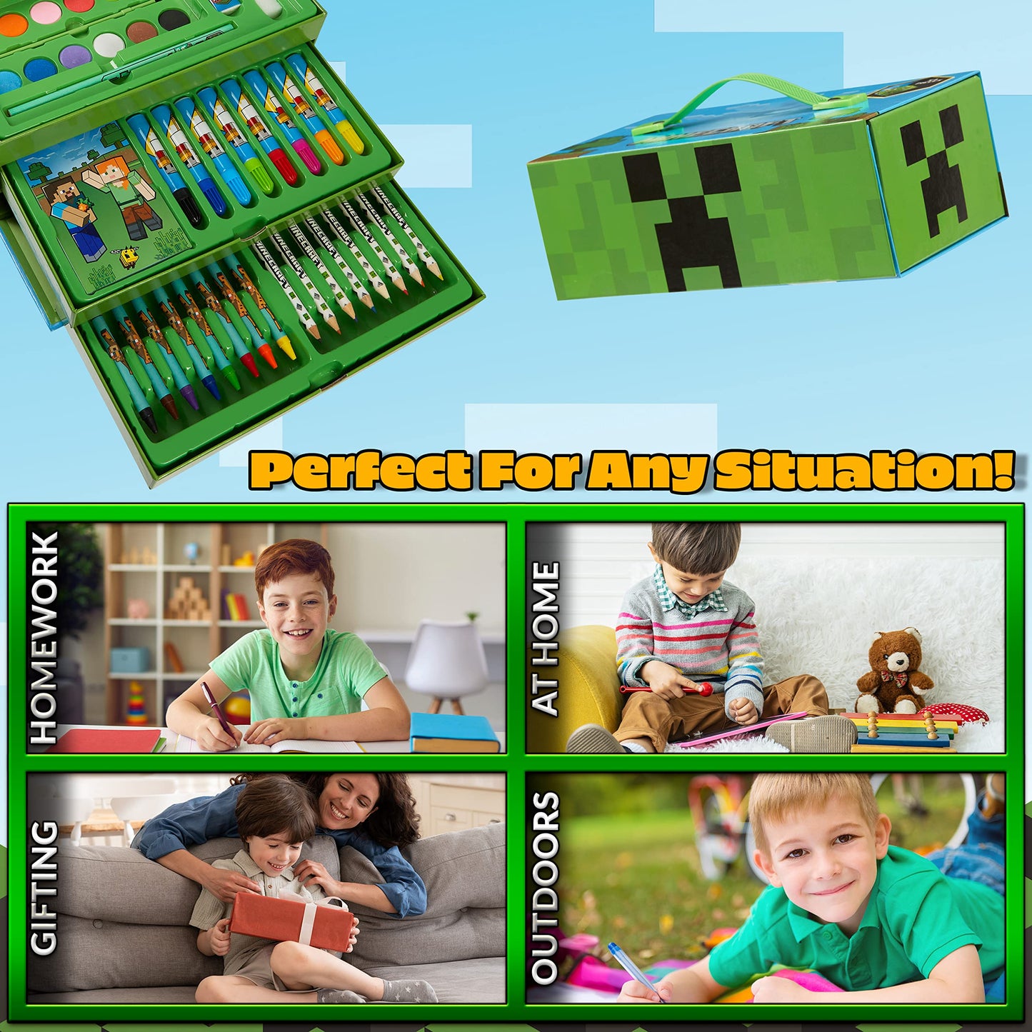 Minecraft Colored Pencils Art Set – 3-Tier Carry Case for Kids