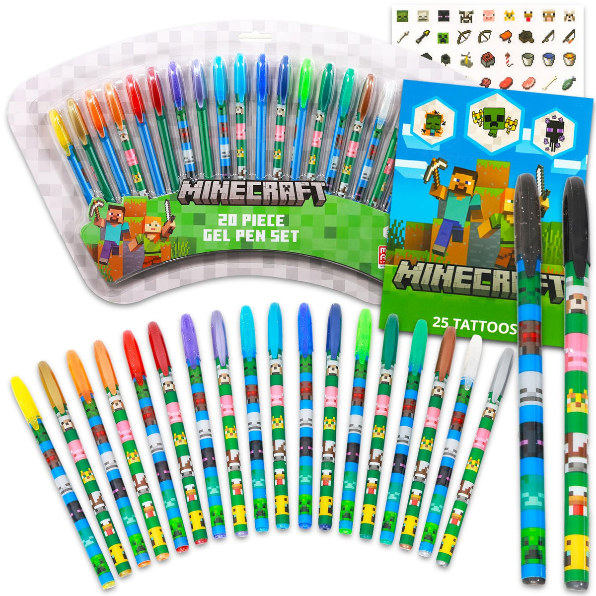 Minecraft Gel Pen Set – 20 Gel Pens for Drawing, Doodling & Coloring | Includes Posters, Stickers & Tattoos