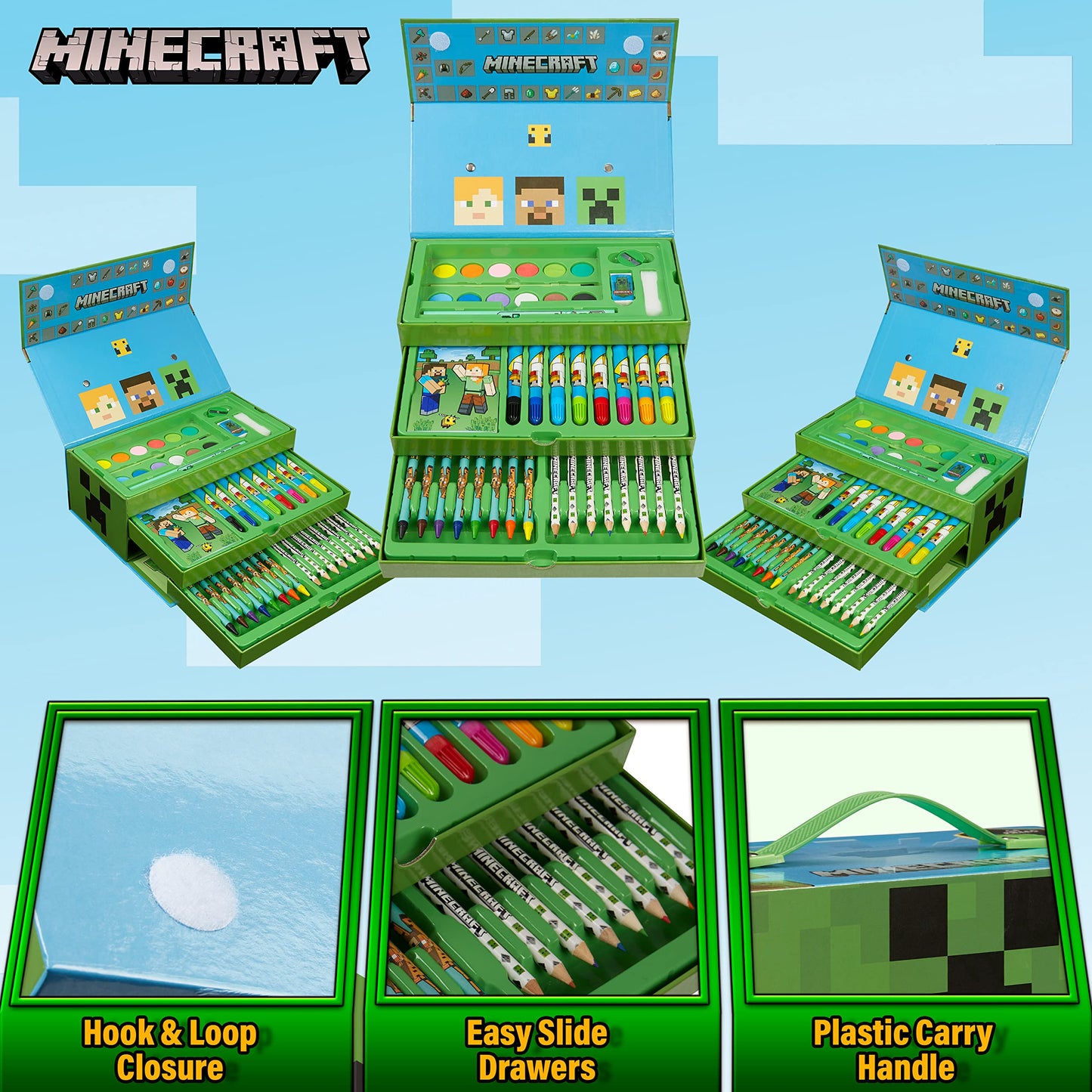 Minecraft Colored Pencils Art Set – 3-Tier Carry Case for Kids