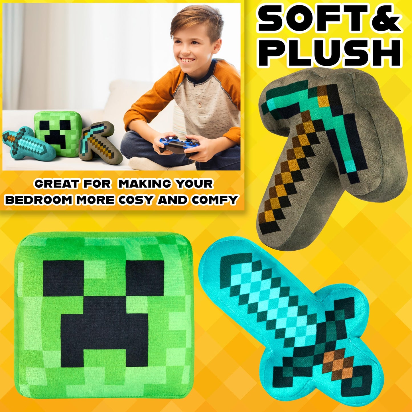 Minecraft Plush Figure Set – 3-Pack Creeper, Sword & Axe Plush Toys (Official Merchandise)